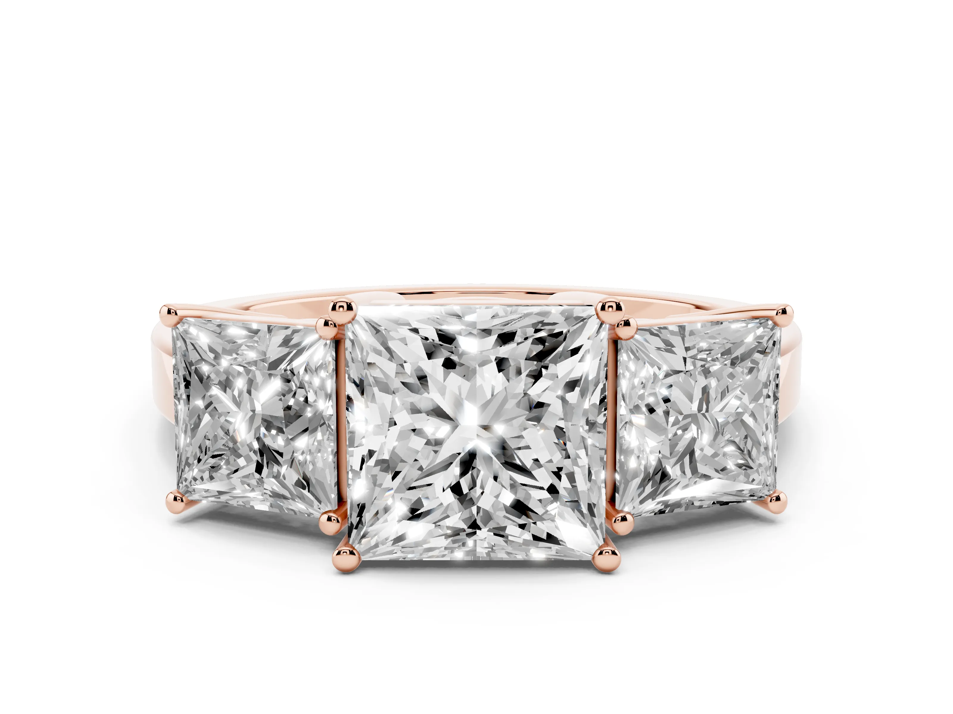 Princess Cut Diamond Three-Stone Engagement Ring Set in Rose gold with Flat Band