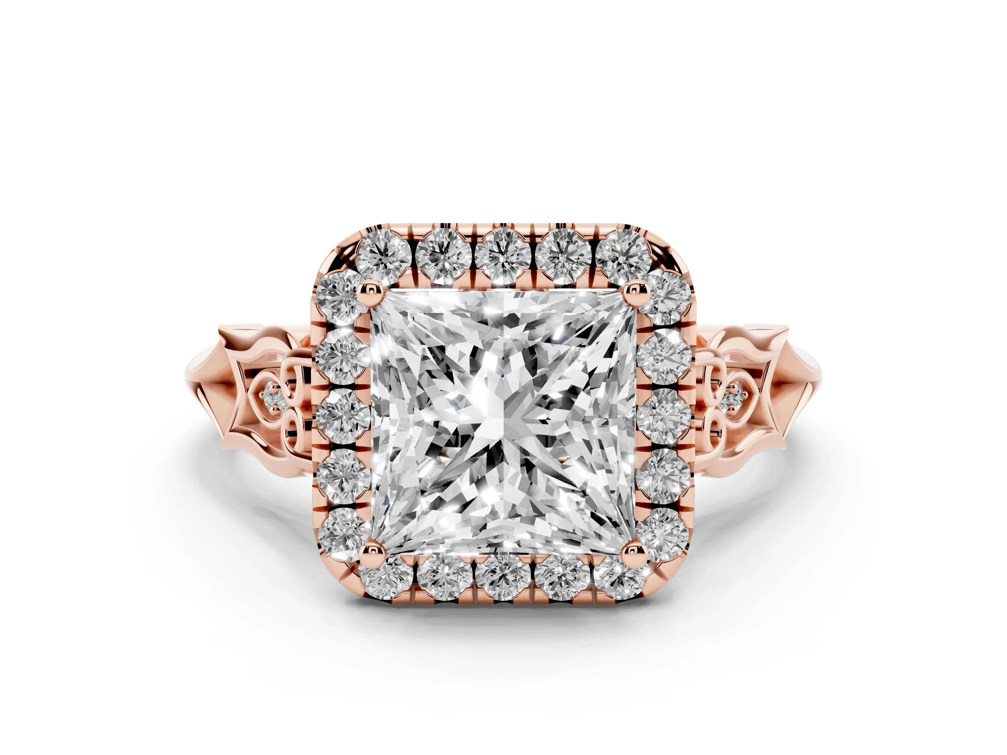 Princess Cut Diamond Halo Engagement Ring Set in Rose gold with Filigree Band and Prong-Set Center