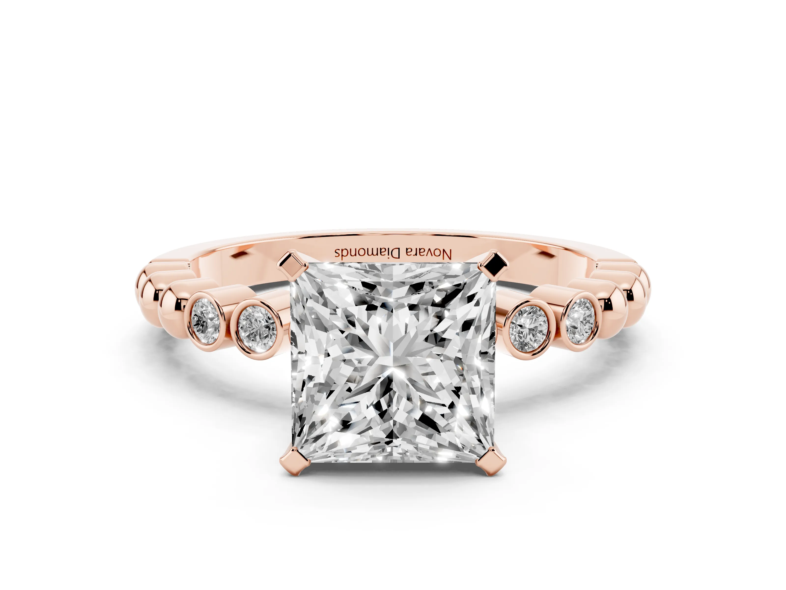 Princess Cut Diamond Solitaire Engagement Ring Set in Rose gold with Bezel Accents on Beaded Band