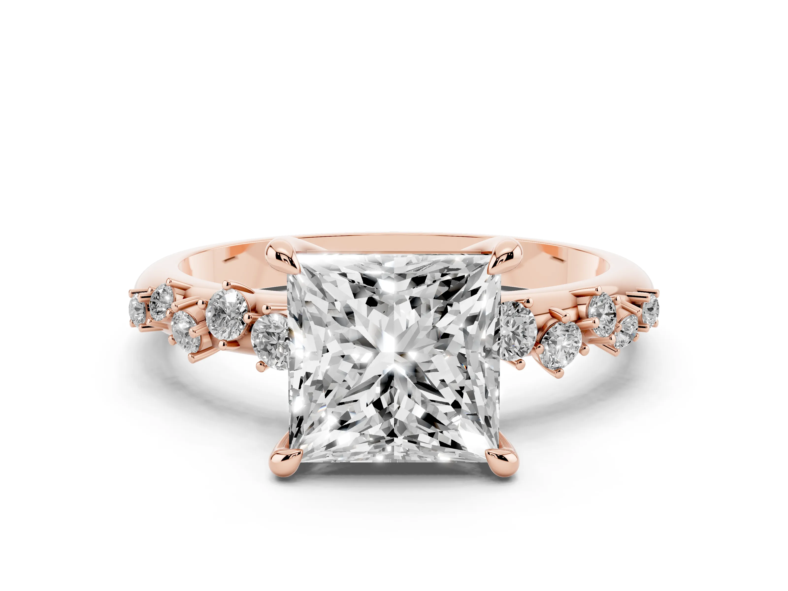 Princess Cut Diamond Solitaire Vine Band Ring Set in Rose gold with Round Accents and Prong Setting