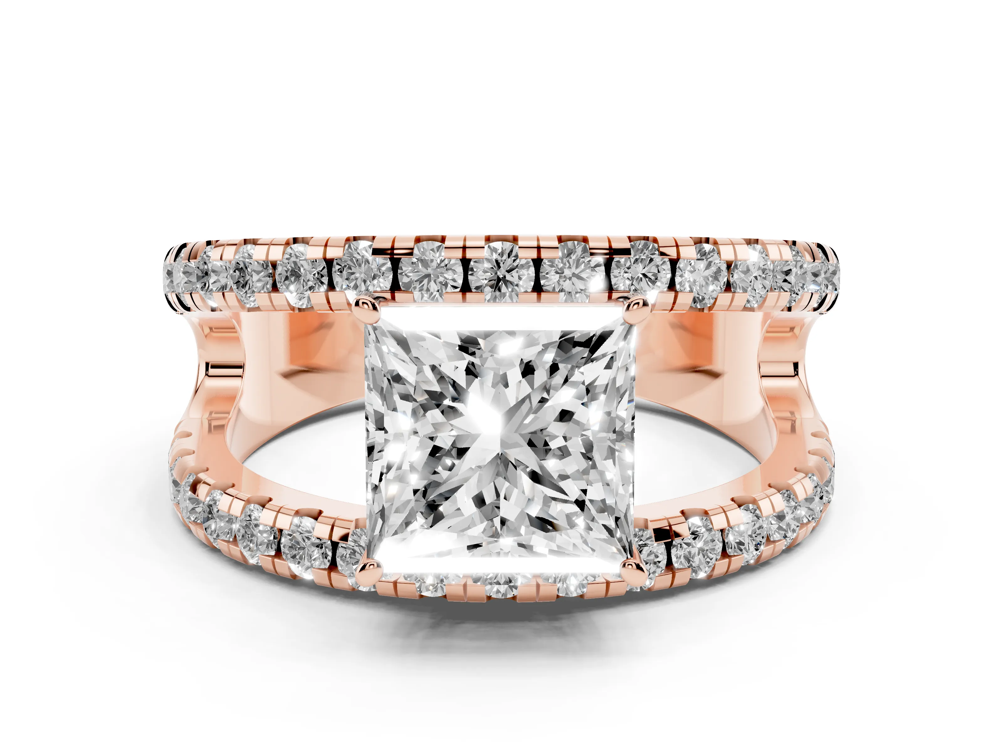 Princess Cut Diamond Split Shank Pavé Solitaire Ring Set in Rose gold with Open Shank Design