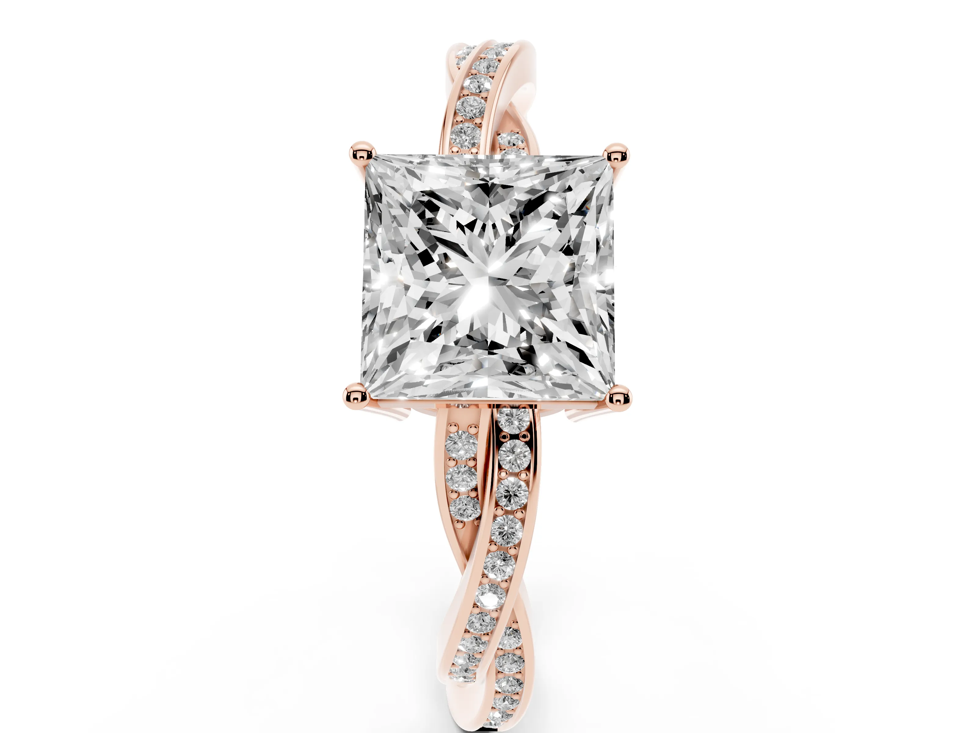 Princess Cut Diamond Solitaire Twisted Pavé Ring Set in Rose gold with Prong Setting
