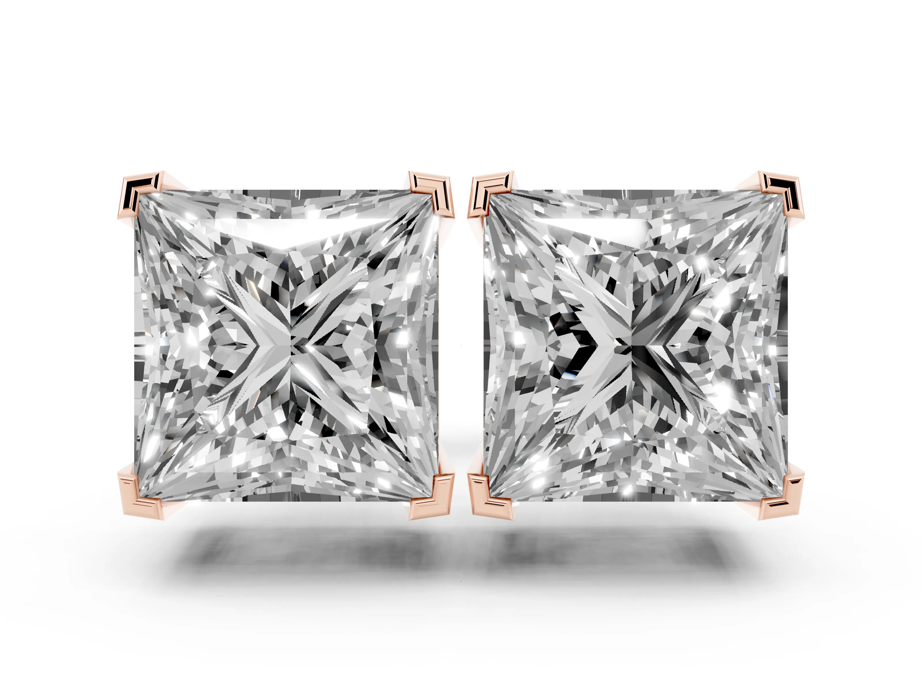Princess Cut Diamond Solitaire Stud Earrings Set in Rose gold with Basket Setting