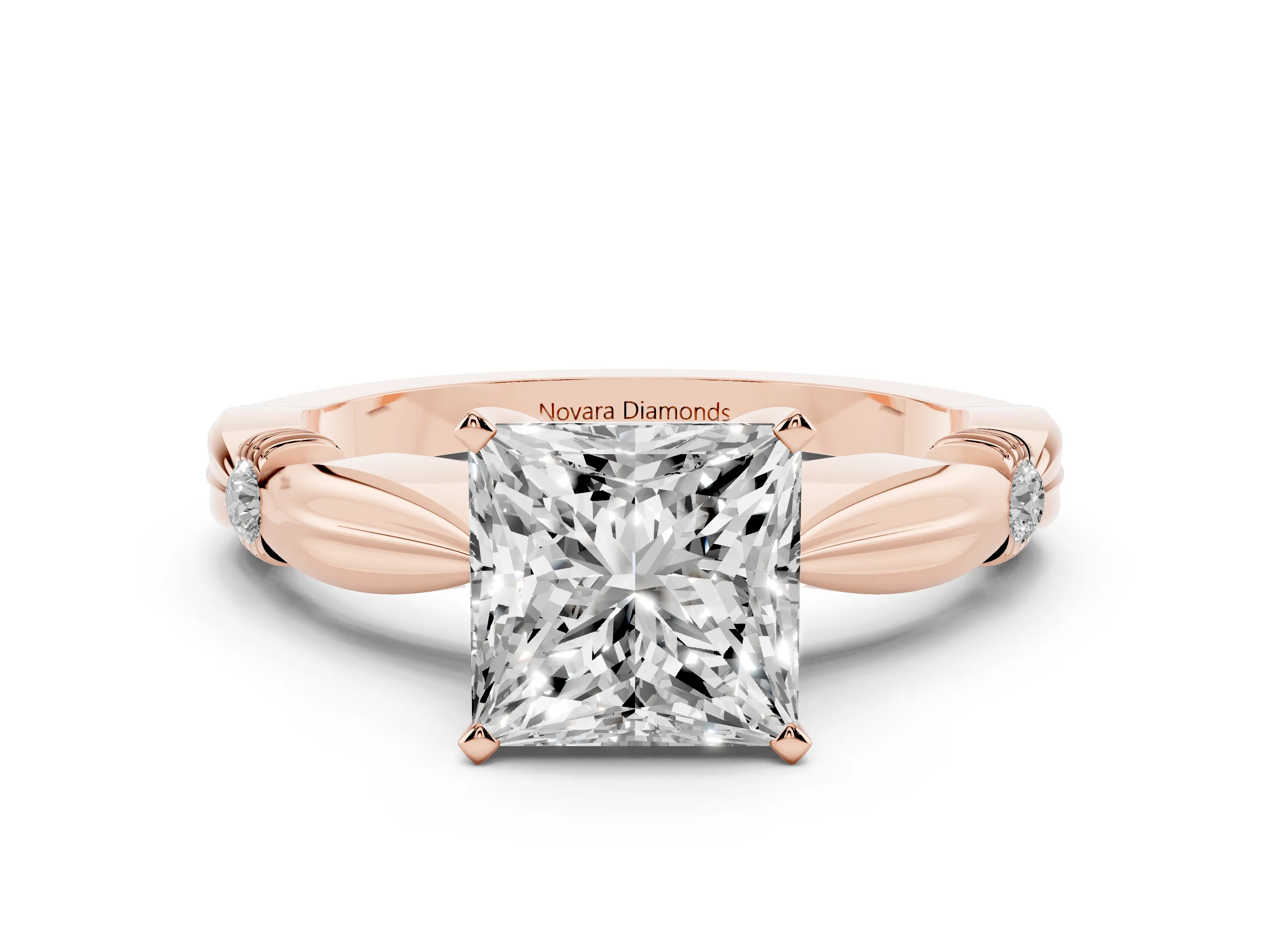 Princess Cut Diamond Solitaire Twisted Band Ring Set in Rose gold with Accent Stones and Prong Setting