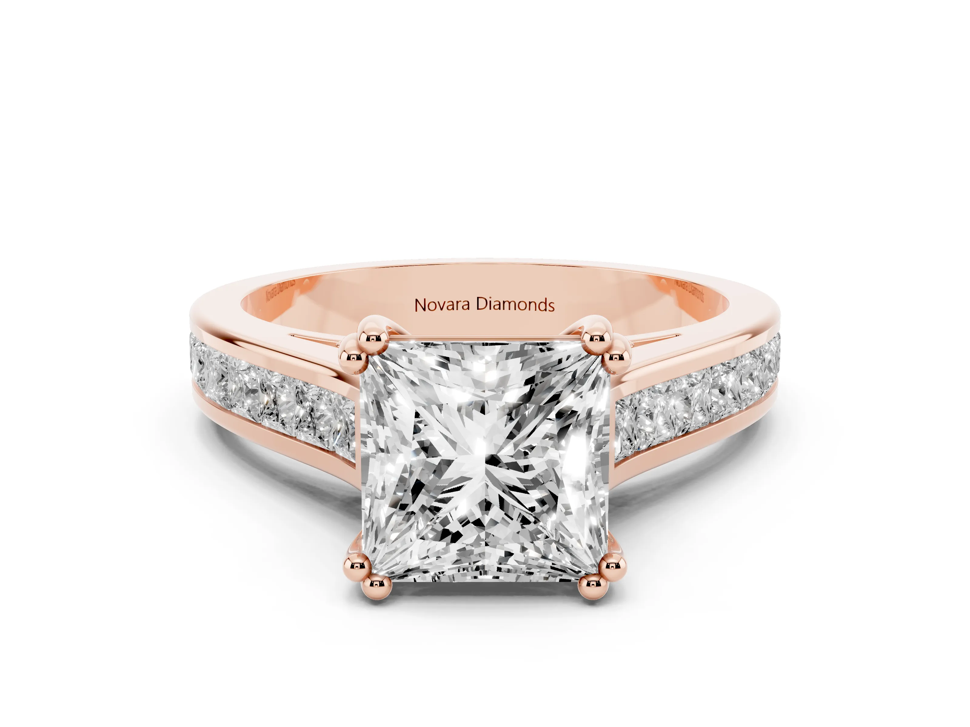 Princess Cut Diamond Channel Set Solitaire Engagement Ring Set in Rose gold with Prong Setting