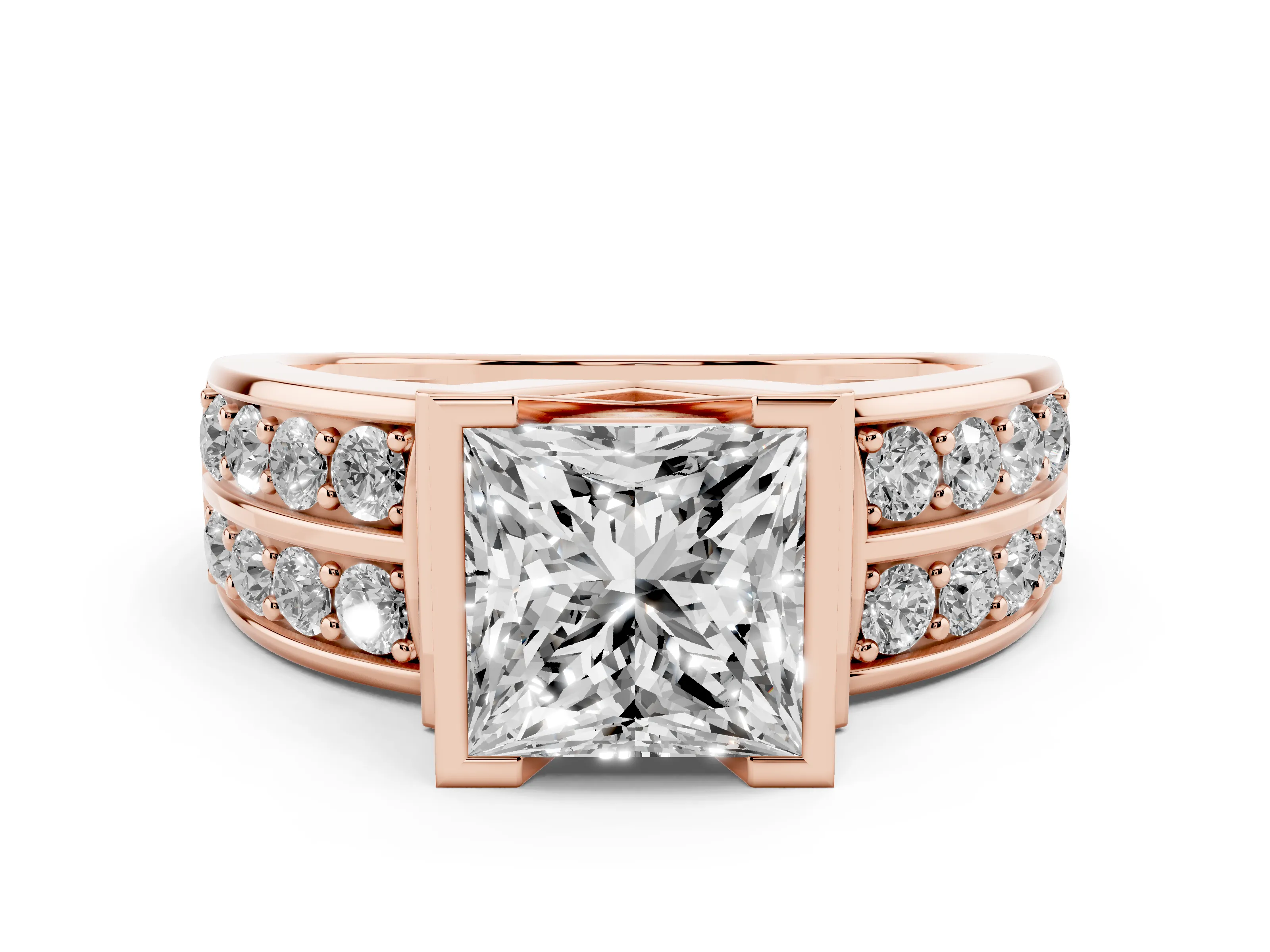 Princess Cut Diamond Wide Channel Set Band Ring Set in Rose gold with Bezel Setting