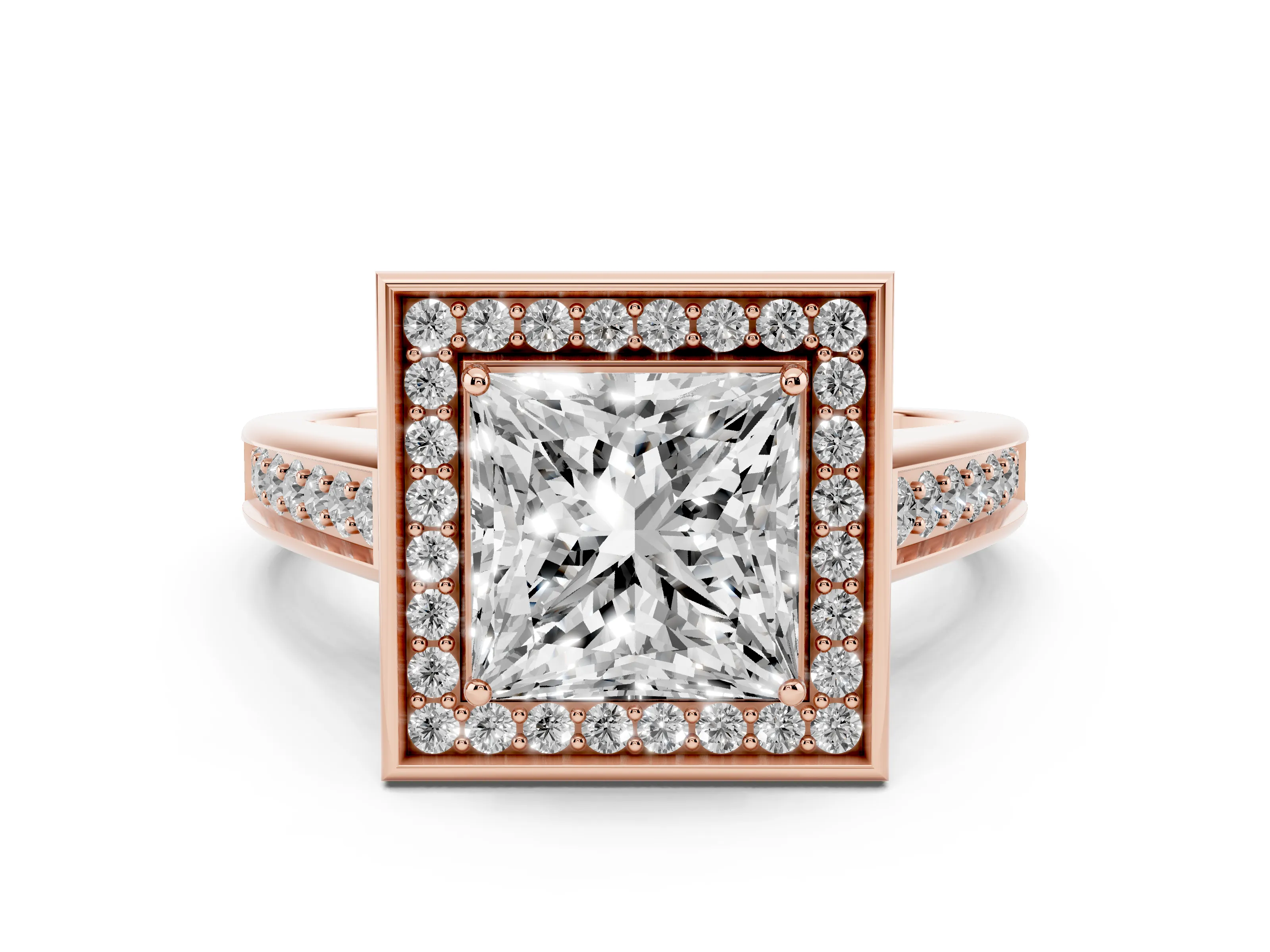 Princess Cut Diamond Halo Solitaire Ring Set in Rose gold with Pavé Band and Bezel Setting