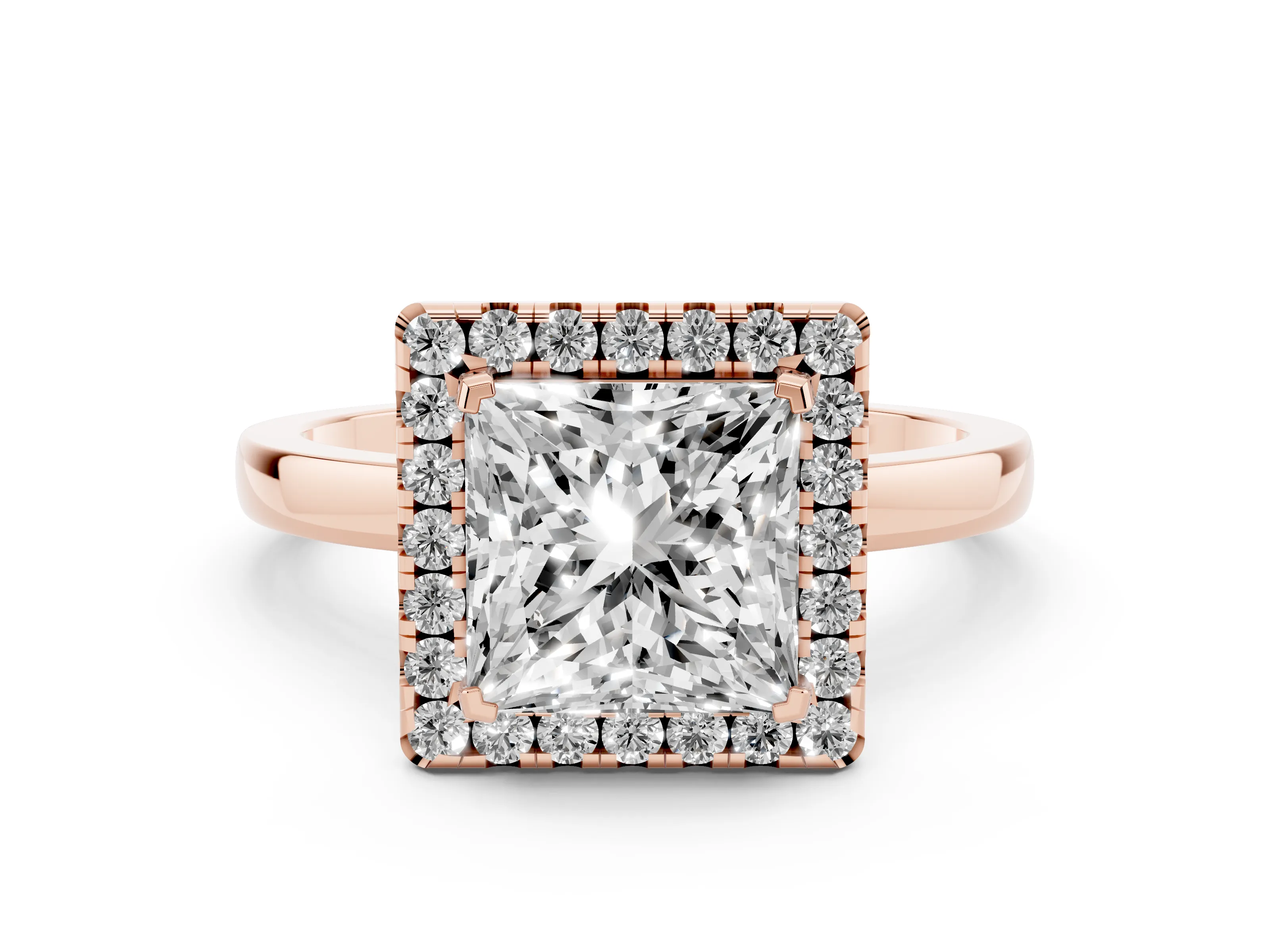 Princess Cut Diamond Halo Solitaire Ring Set in Rose gold with Pavé Band and Prong Setting