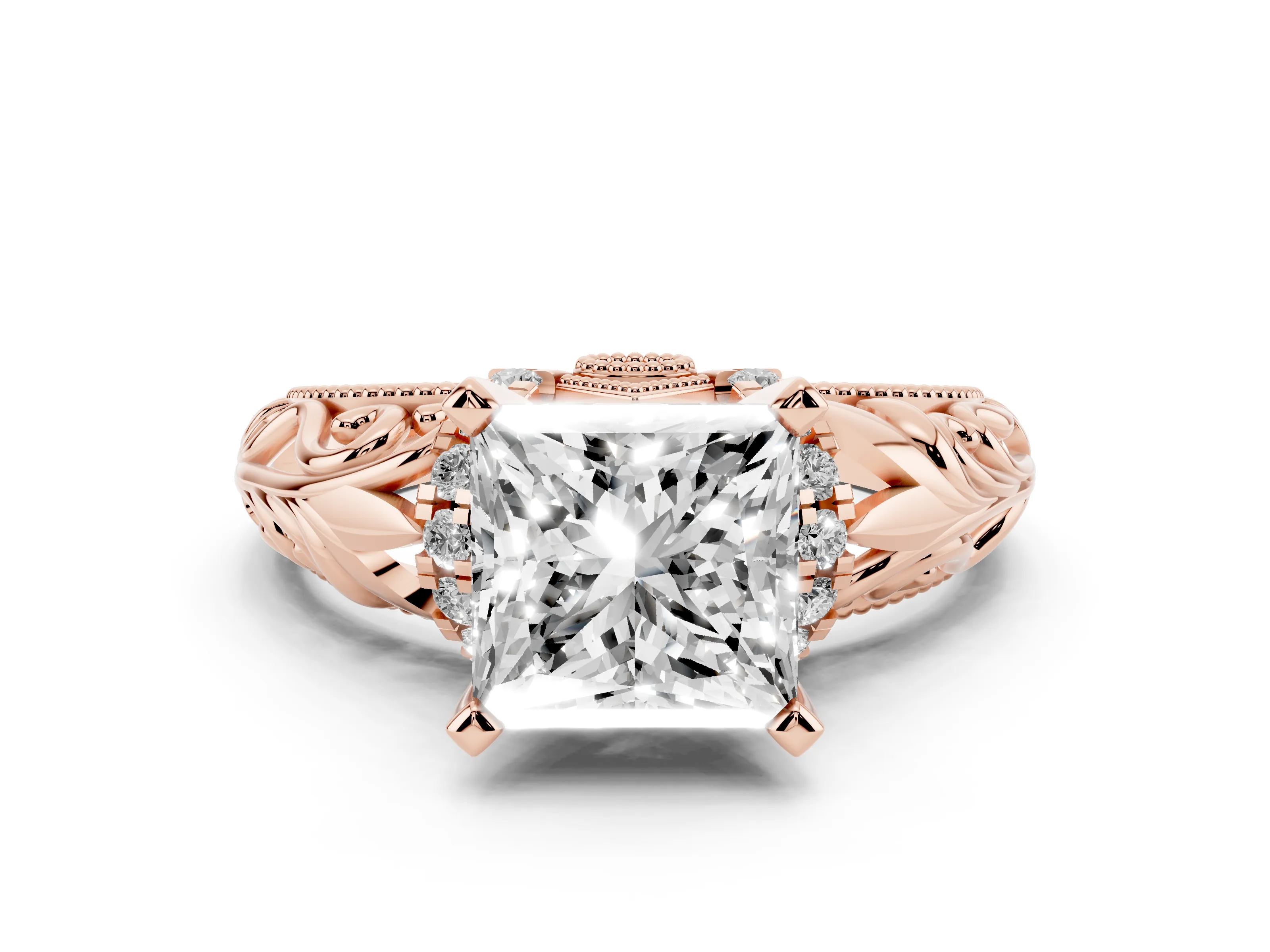 Princess Cut Diamond Filigree Halo Engagement Ring Set in Rose gold with Prong Setting