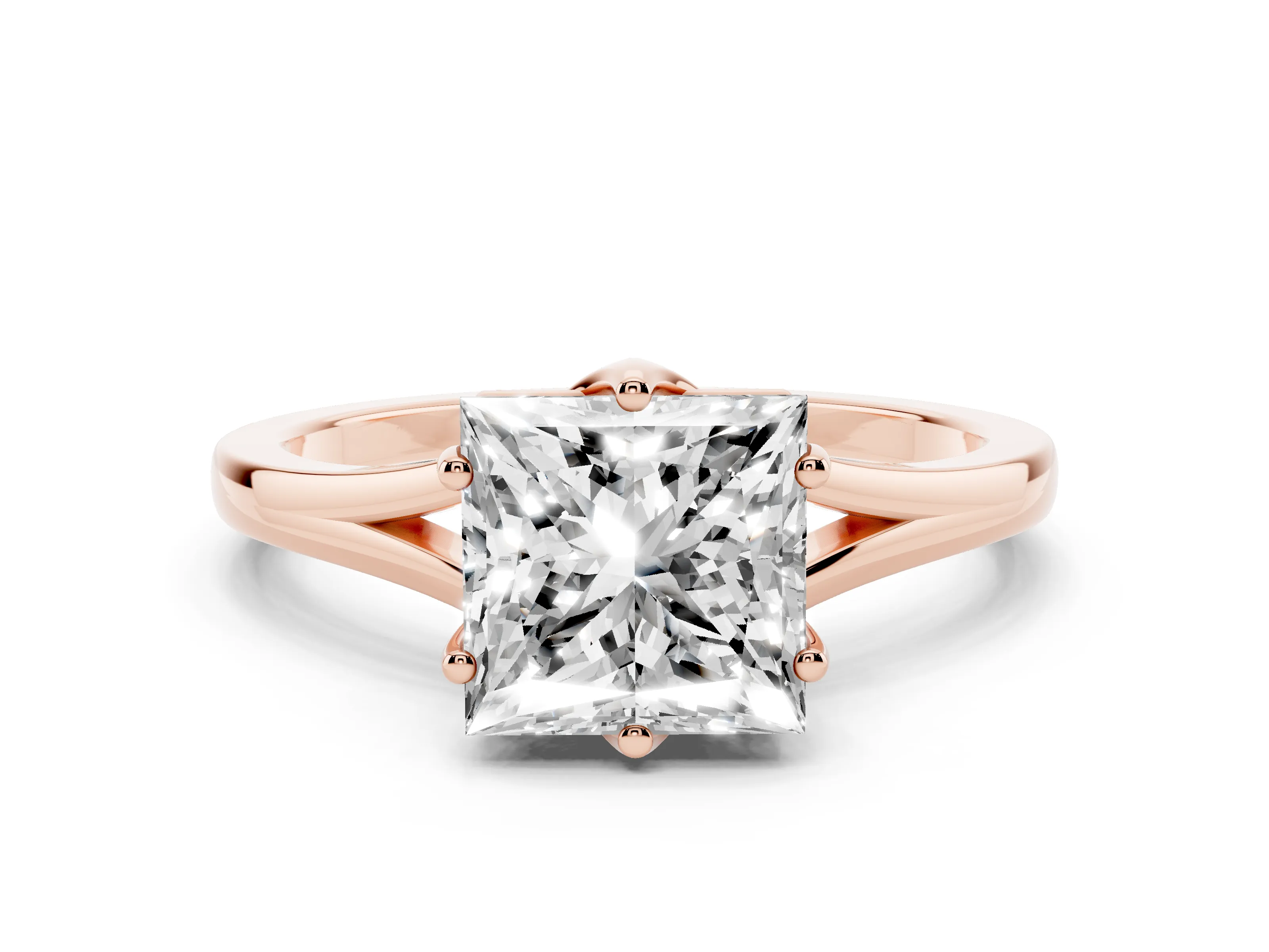Princess Cut Diamond Solitaire Ring Set in Rose gold with Polished Tapered Band and Prong Setting