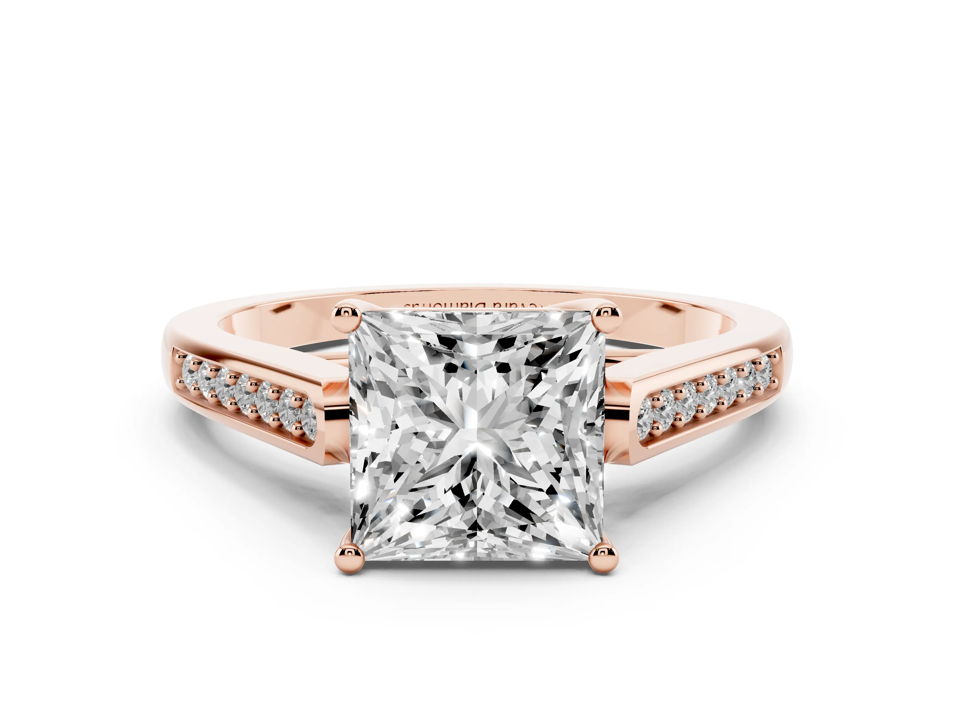 Princess Cut Diamond Solitaire Cathedral Engagement Ring Set in Rose gold with Channel-Set Band and Prong Setting