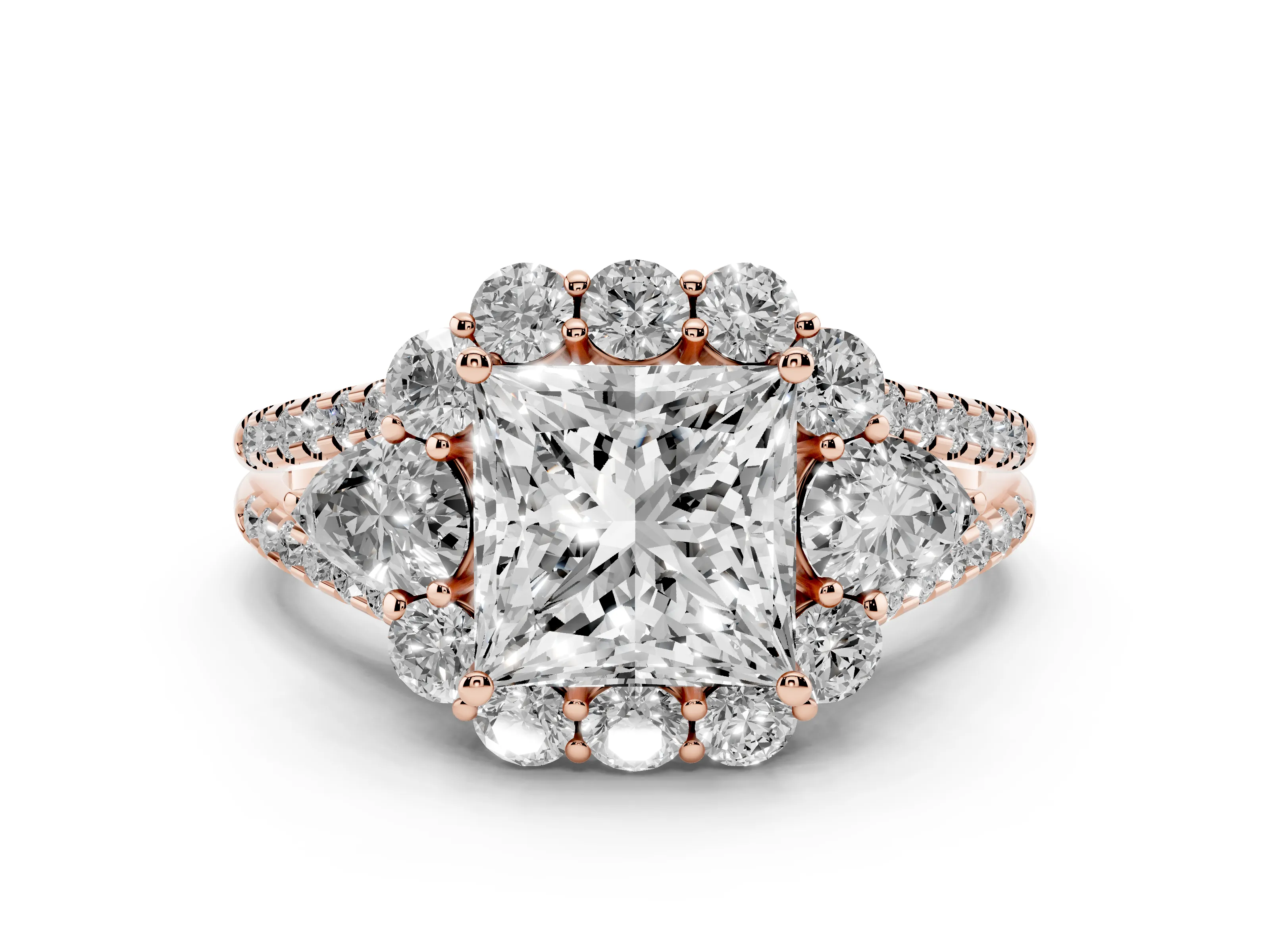 Princess Cut Diamond Halo Split Shank Engagement Ring Set in Rose gold with Prong-Held Center Stone