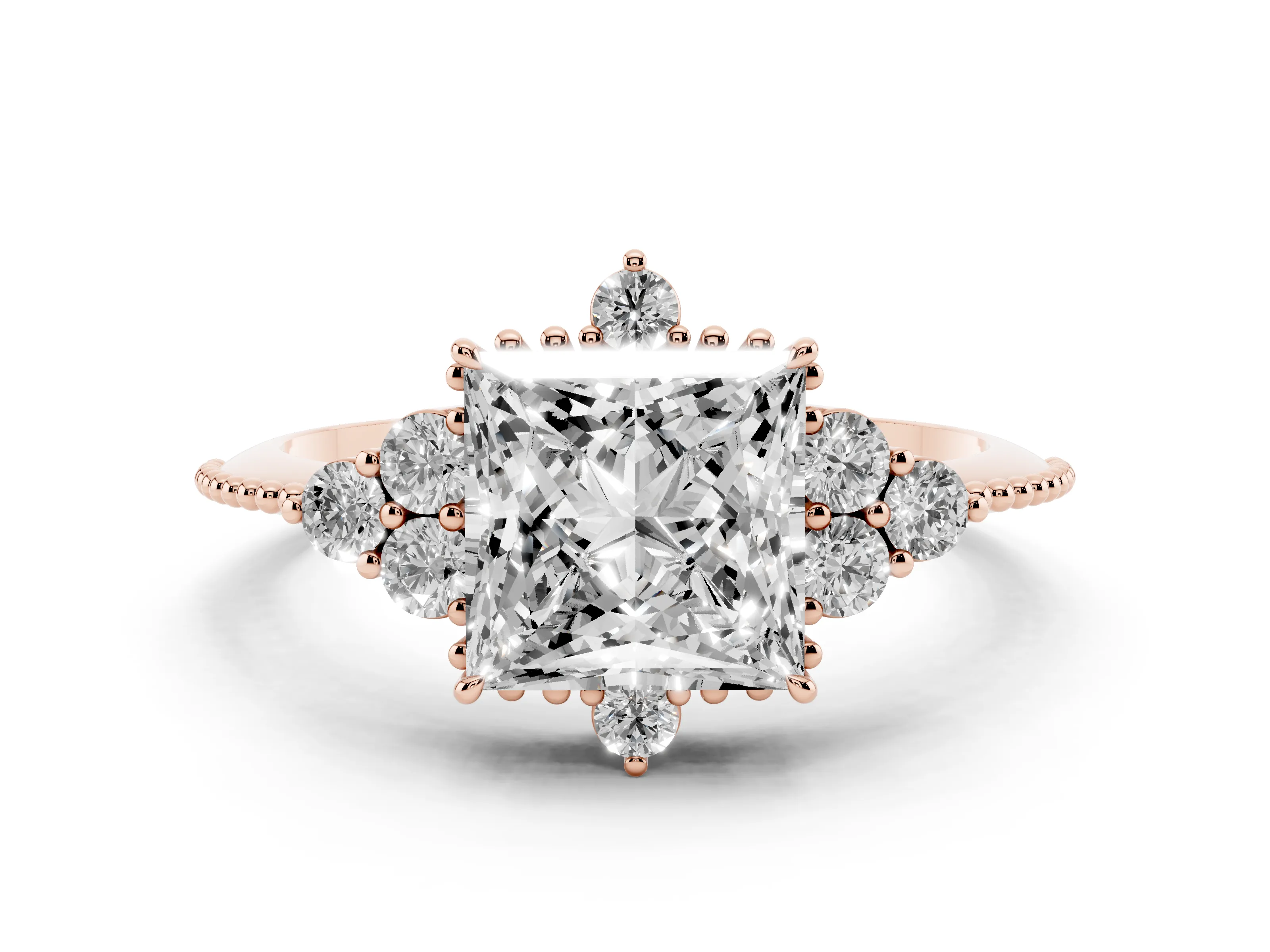 Princess Cut Diamond Cluster Ring Set in Rose gold with Beaded Band
