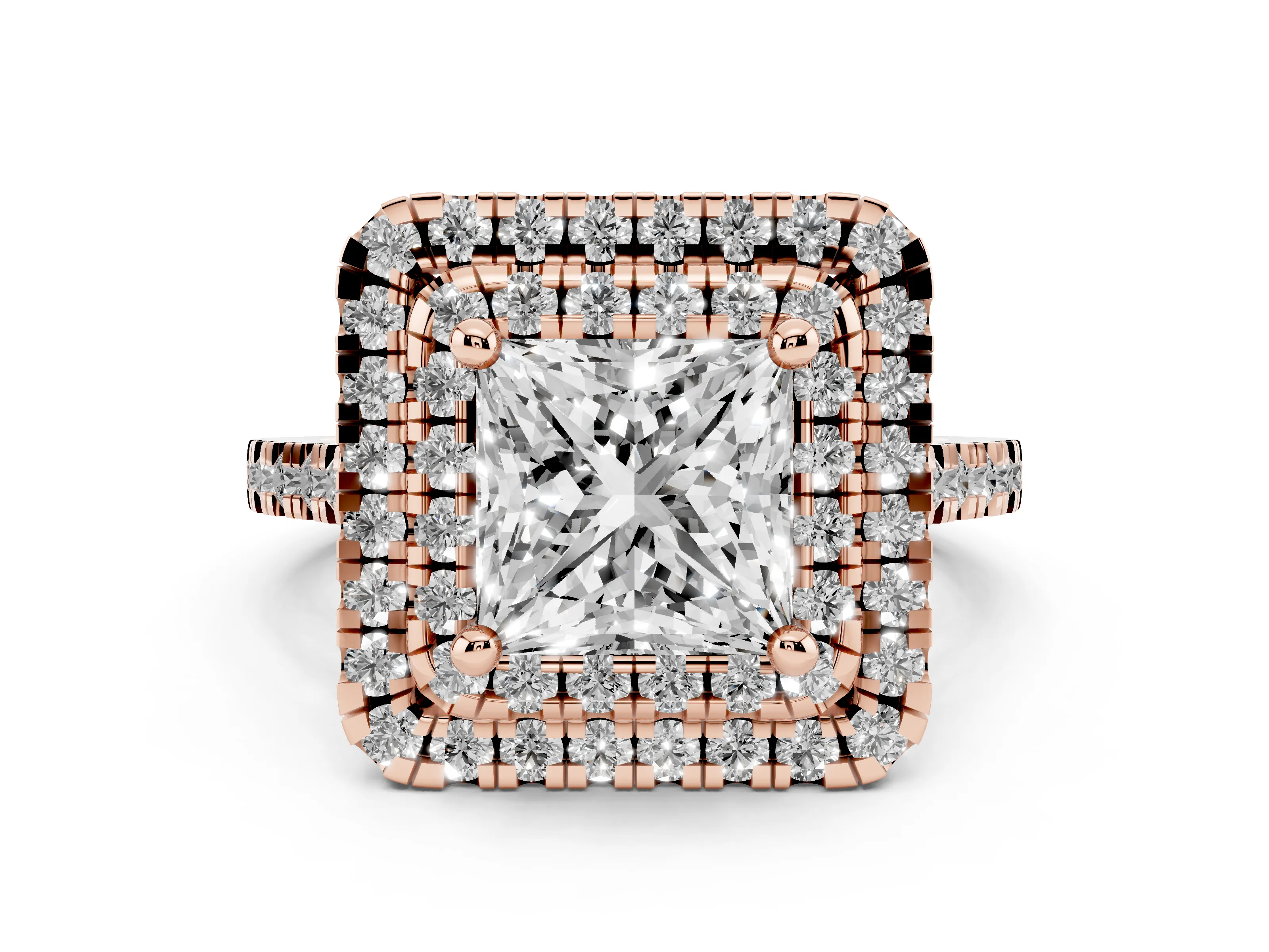 Princess Cut Diamond Double Halo Statement Ring Set in Rose gold with Pavé Band