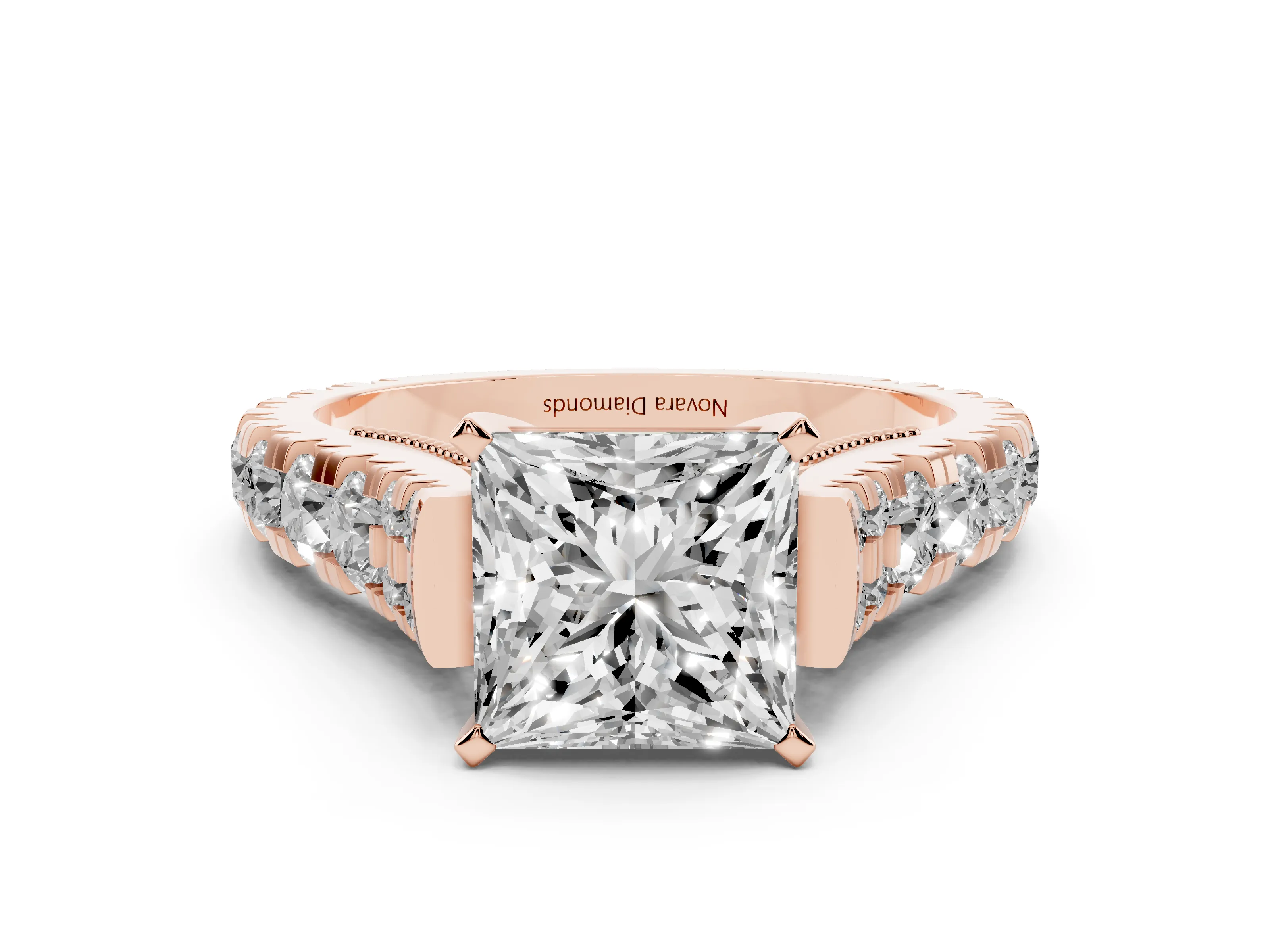 Princess Cut Diamond Classic Solitaire Ring Set in Rose gold with Pavé Band and Prong Setting