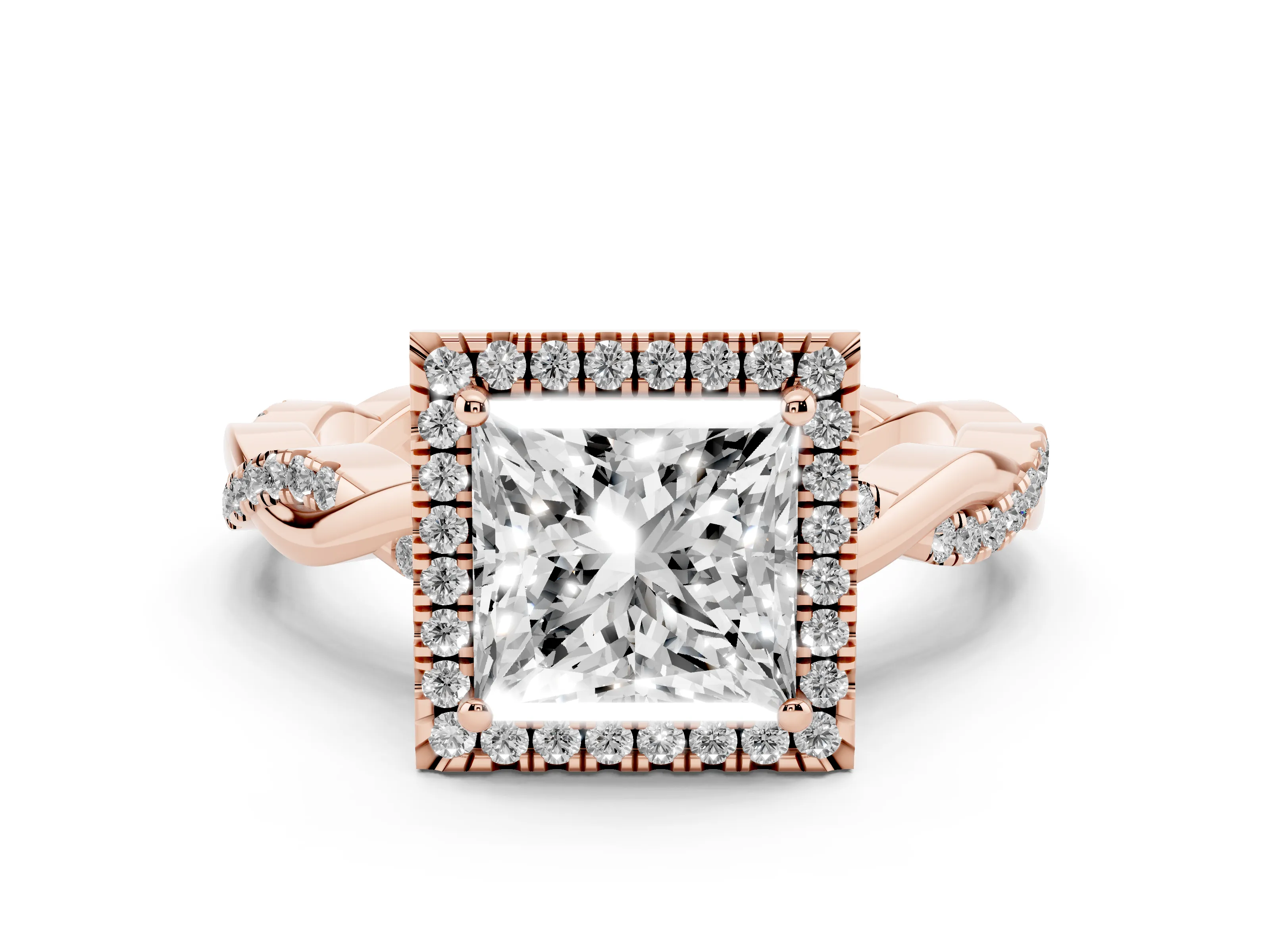 Princess Cut Diamond Halo Twisted Band Ring Set in Rose gold with Prong Setting