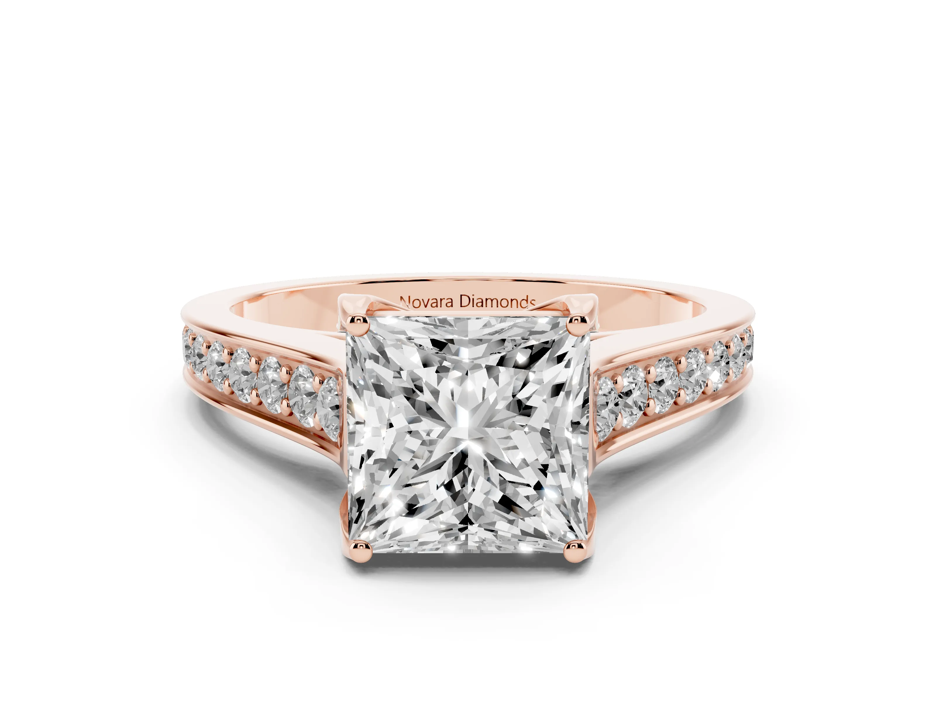 Princess Cut Diamond Solitaire Pavé Engagement Ring Set in Rose gold with Prong Setting