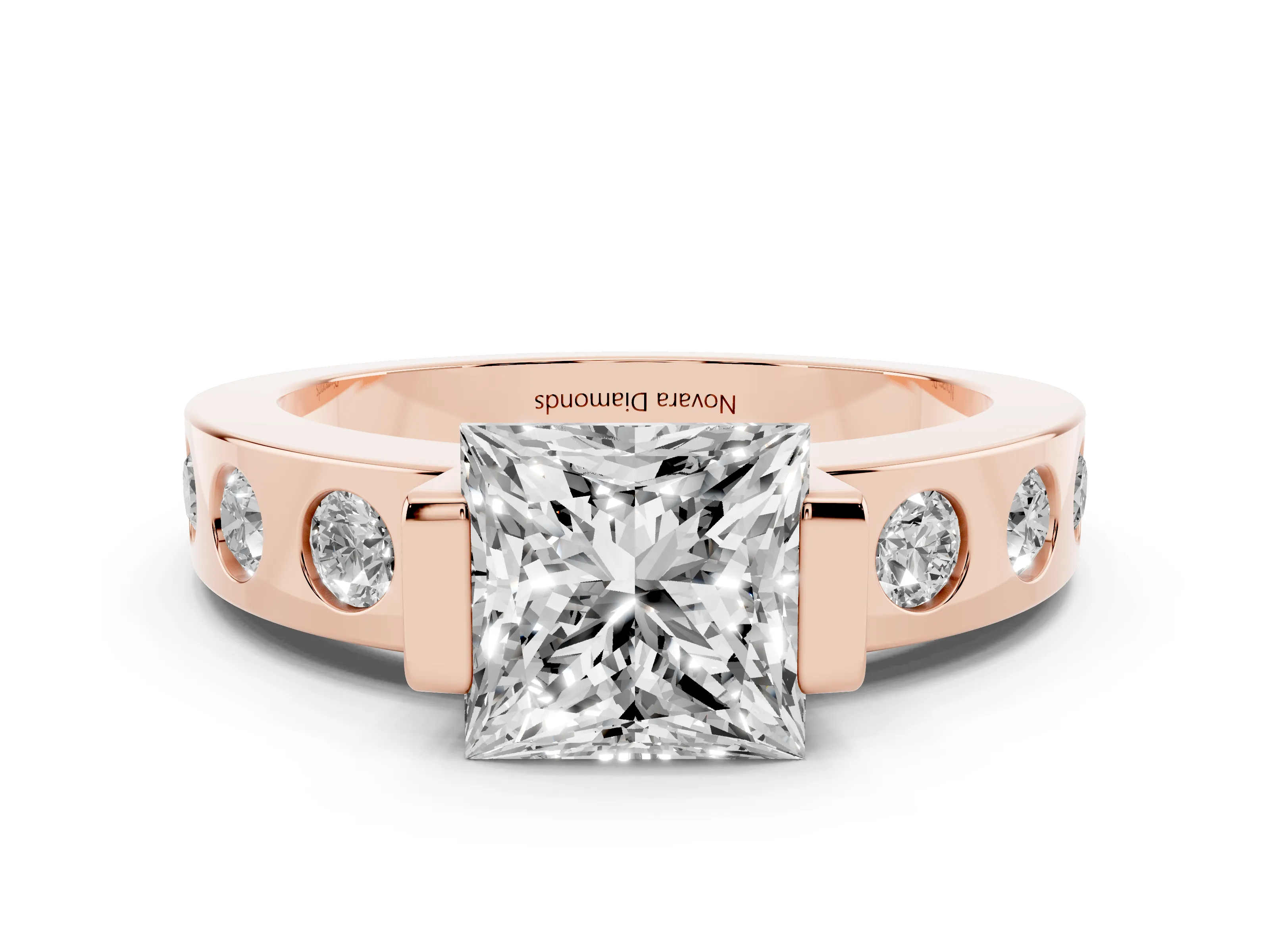 Princess Cut Diamond Channel-Set Band Ring Set in Rose gold with Bezel Prong Setting