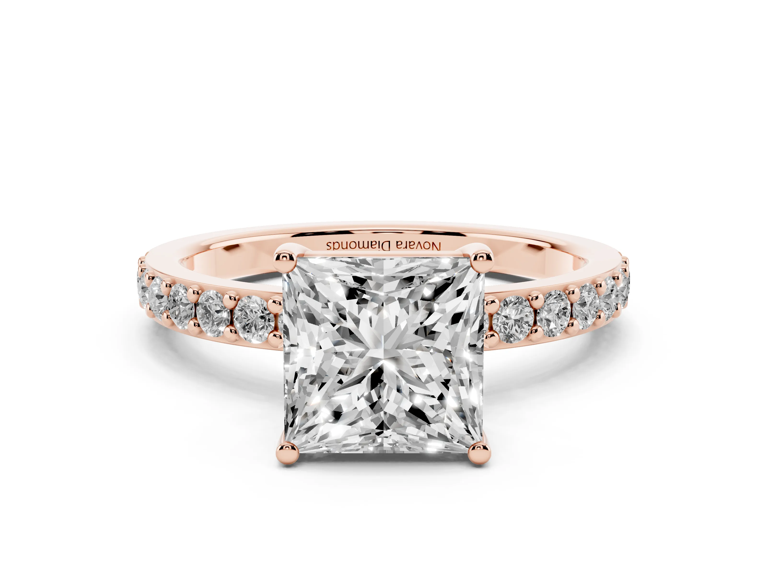 Princess Cut Diamond Solitaire Set in Rose gold with Round Pavé Band and Prong Setting