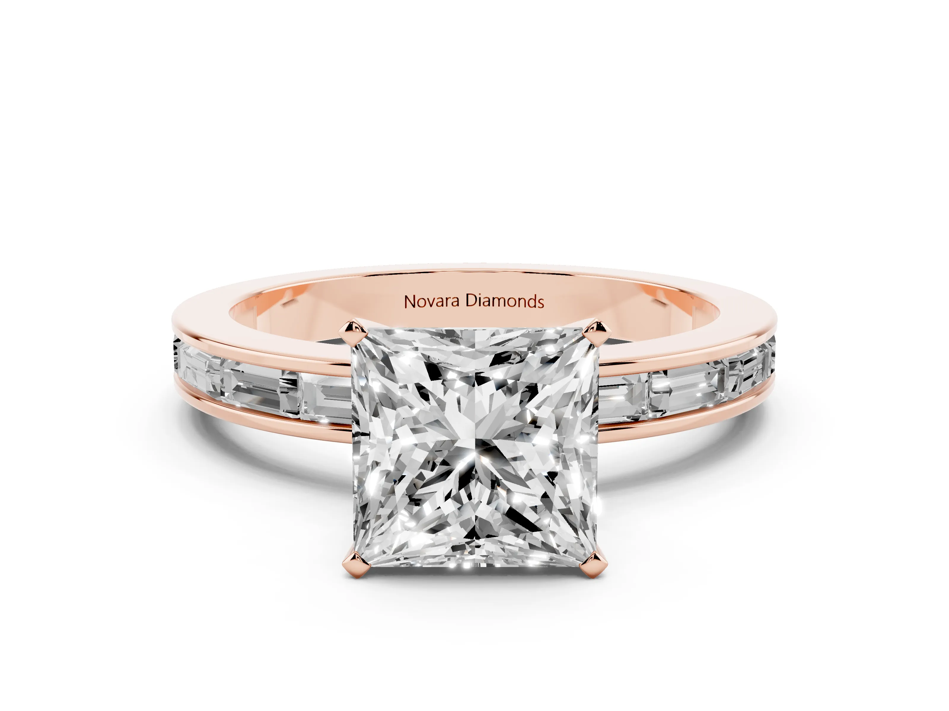 Princess Cut Diamond Solitaire Ring Set in Rose gold with Channel-Set Baguette Band and Prong Setting