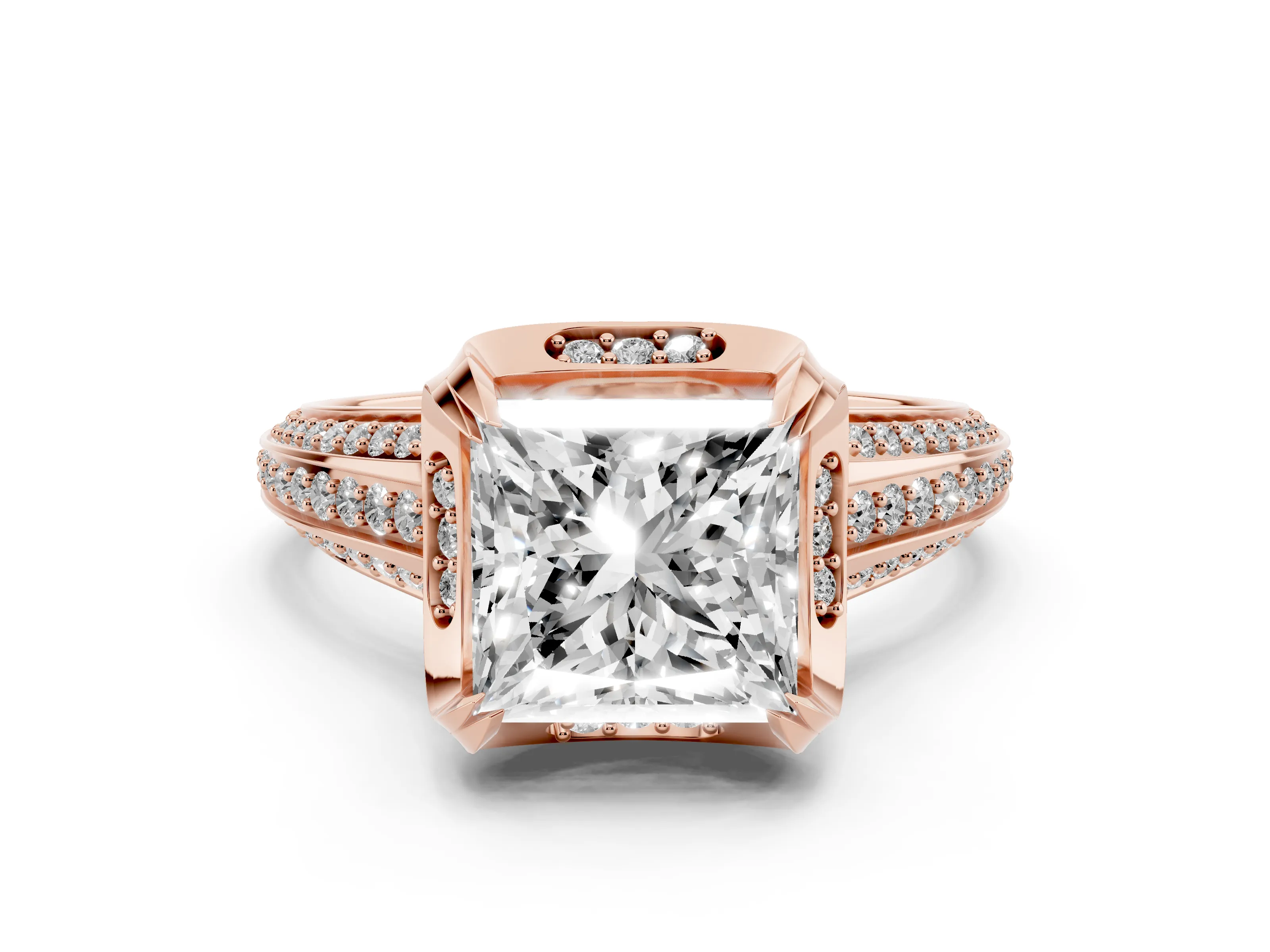 Princess Cut Diamond Pavé Split Shank Solitaire Ring Set in Rose gold with Prong Setting