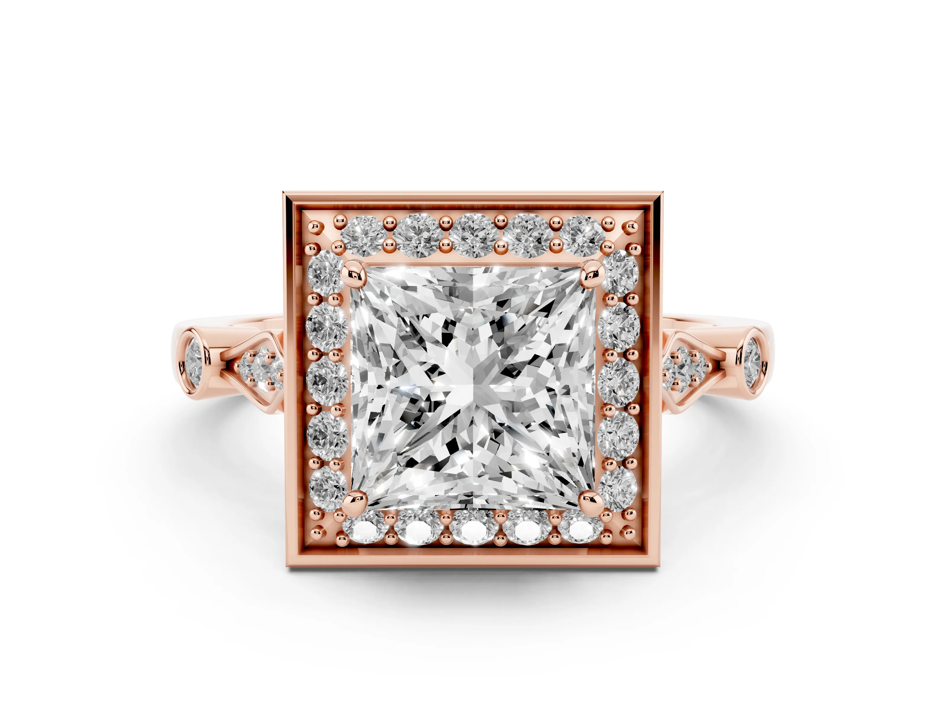 Princess Cut Diamond Halo Engagement Ring Set in Rose gold with Twisted Band and Prong Setting