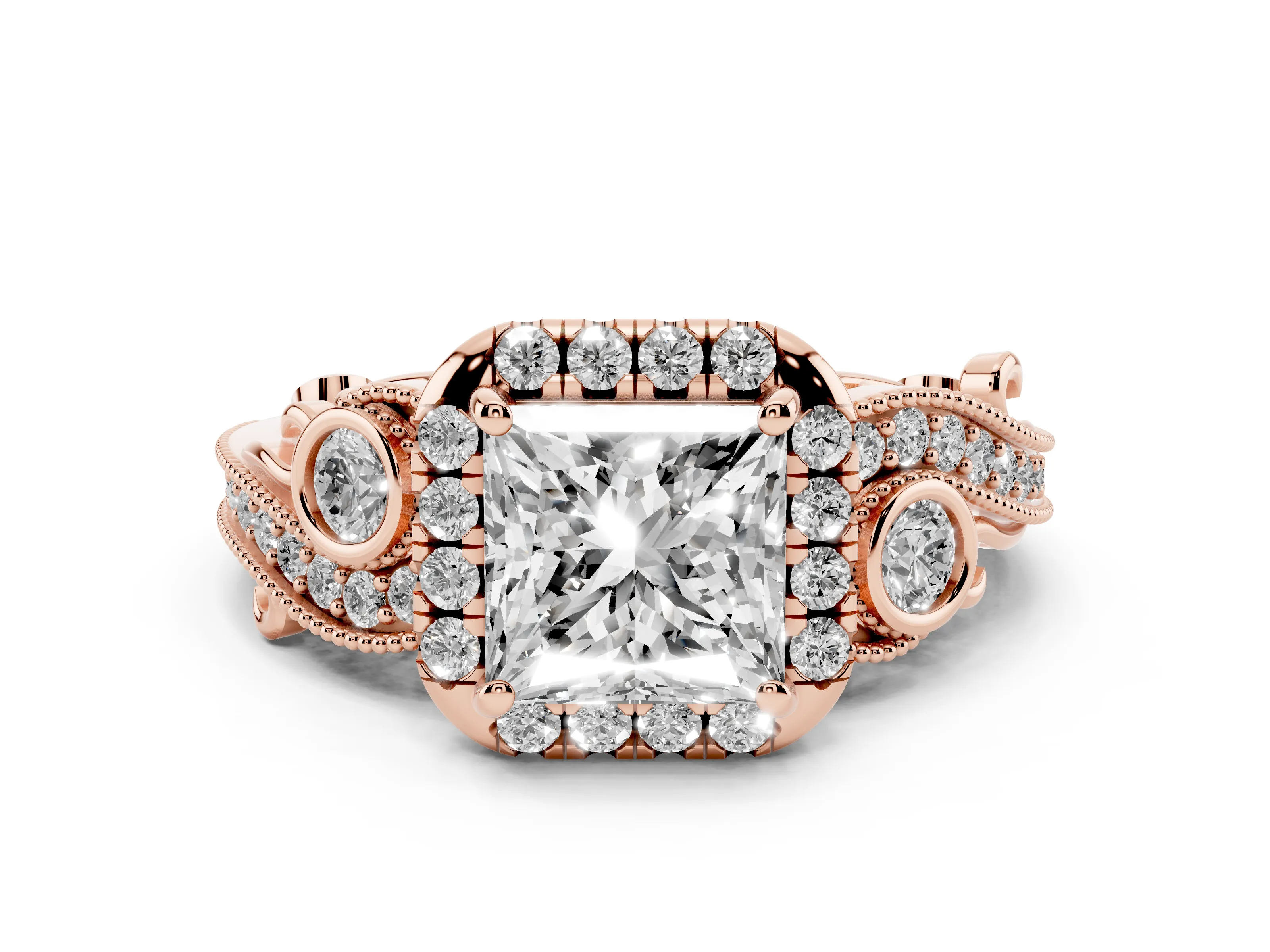 Princess Cut Diamond Halo Ring Set in Rose gold with Milgrain Pavé Band and Prong Setting