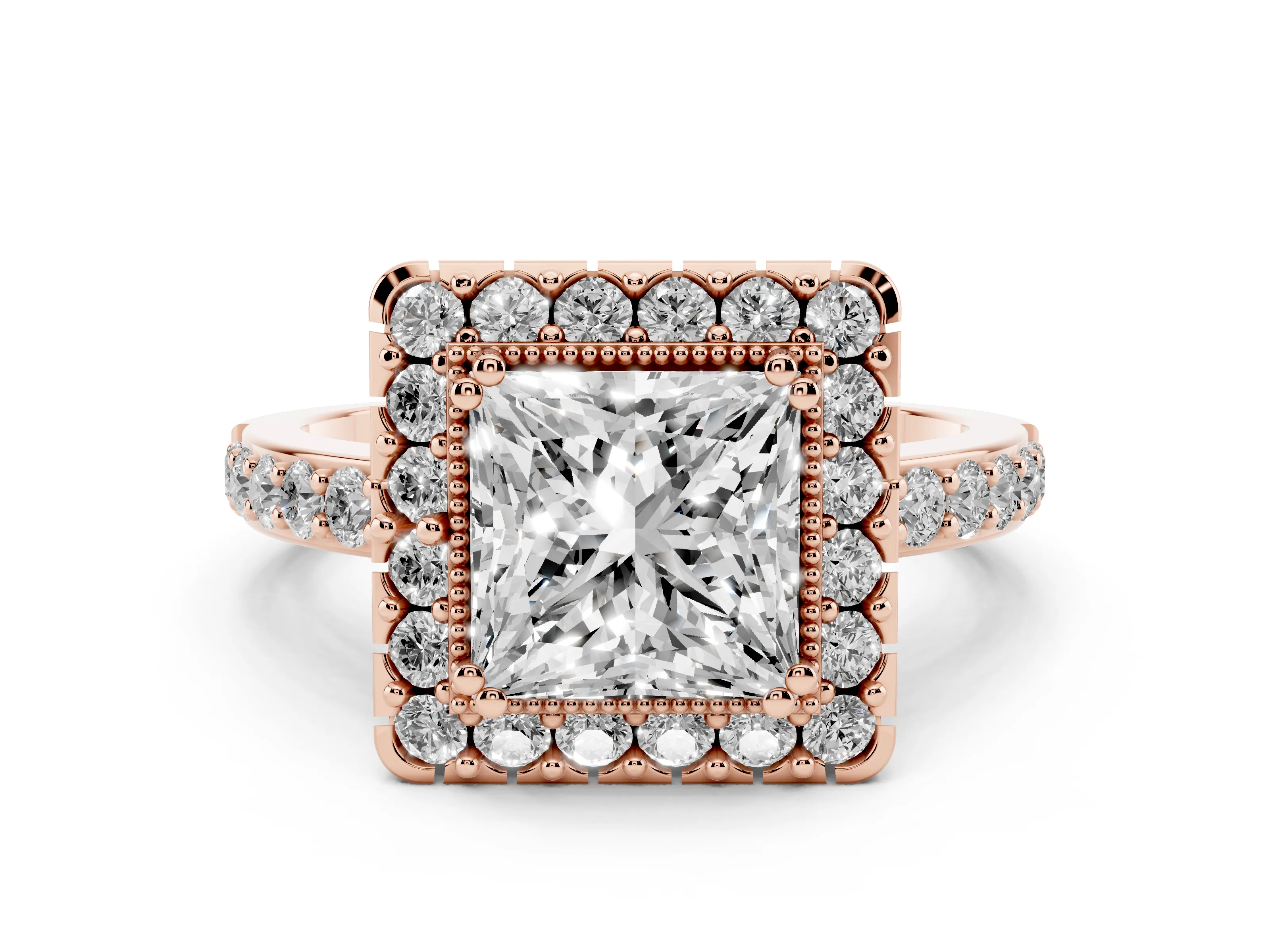 Princess Cut Diamond Halo Ring Set in Rose gold with Pavé Shank and Prong Setting