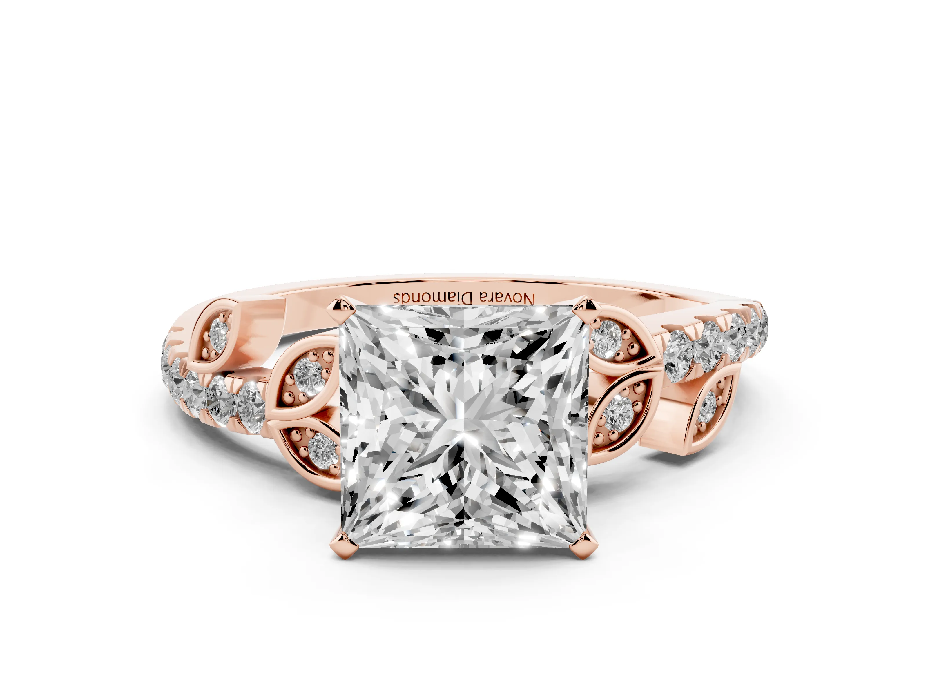 Princess Cut Diamond Solitaire Leaf-Inspired Ring Set in Rose gold with Pavé Band and Prong Setting