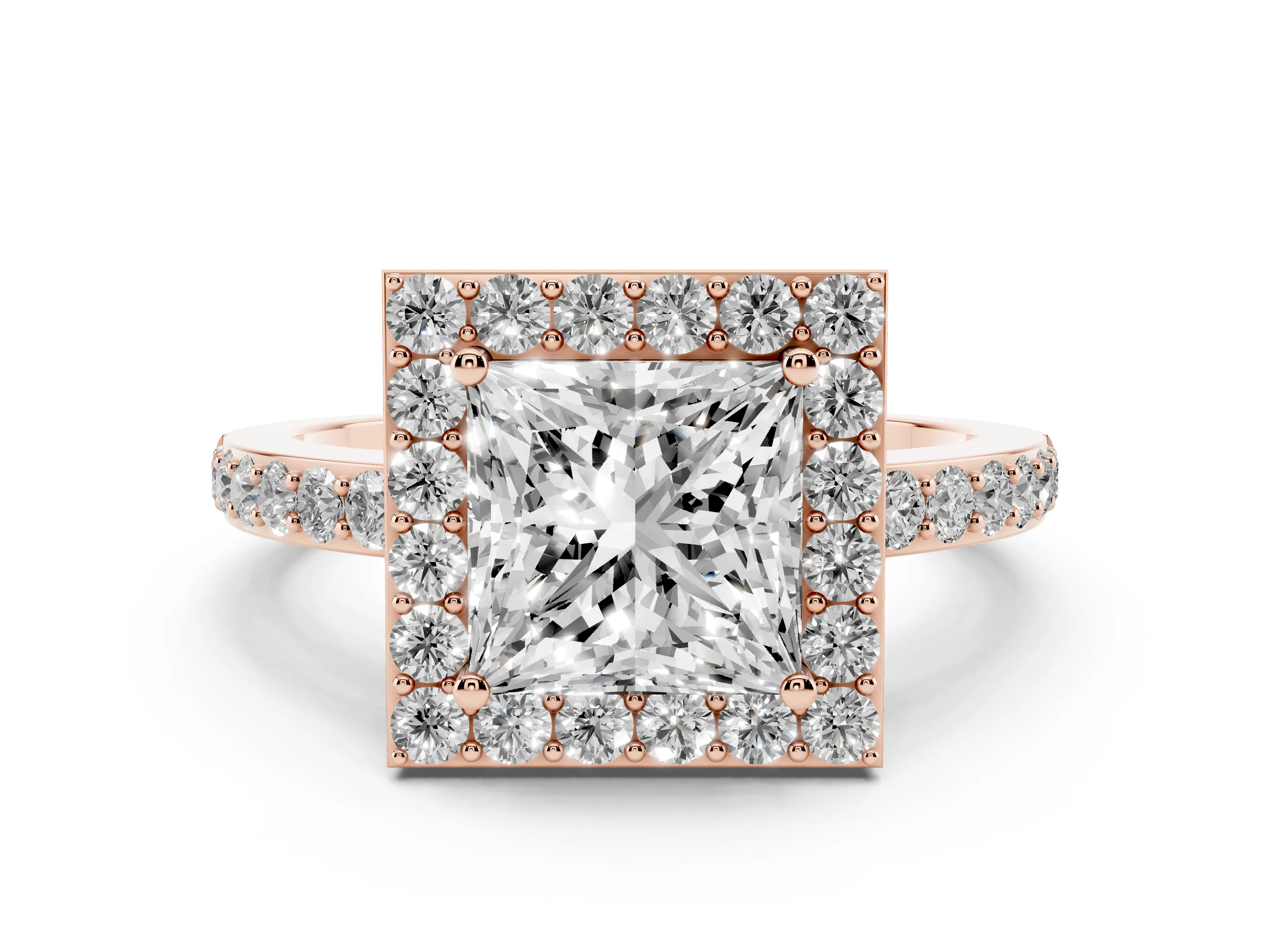 Princess Cut Diamond Halo Ring Set in Rose gold with Pavé-Setting Band and Open Prong Center
