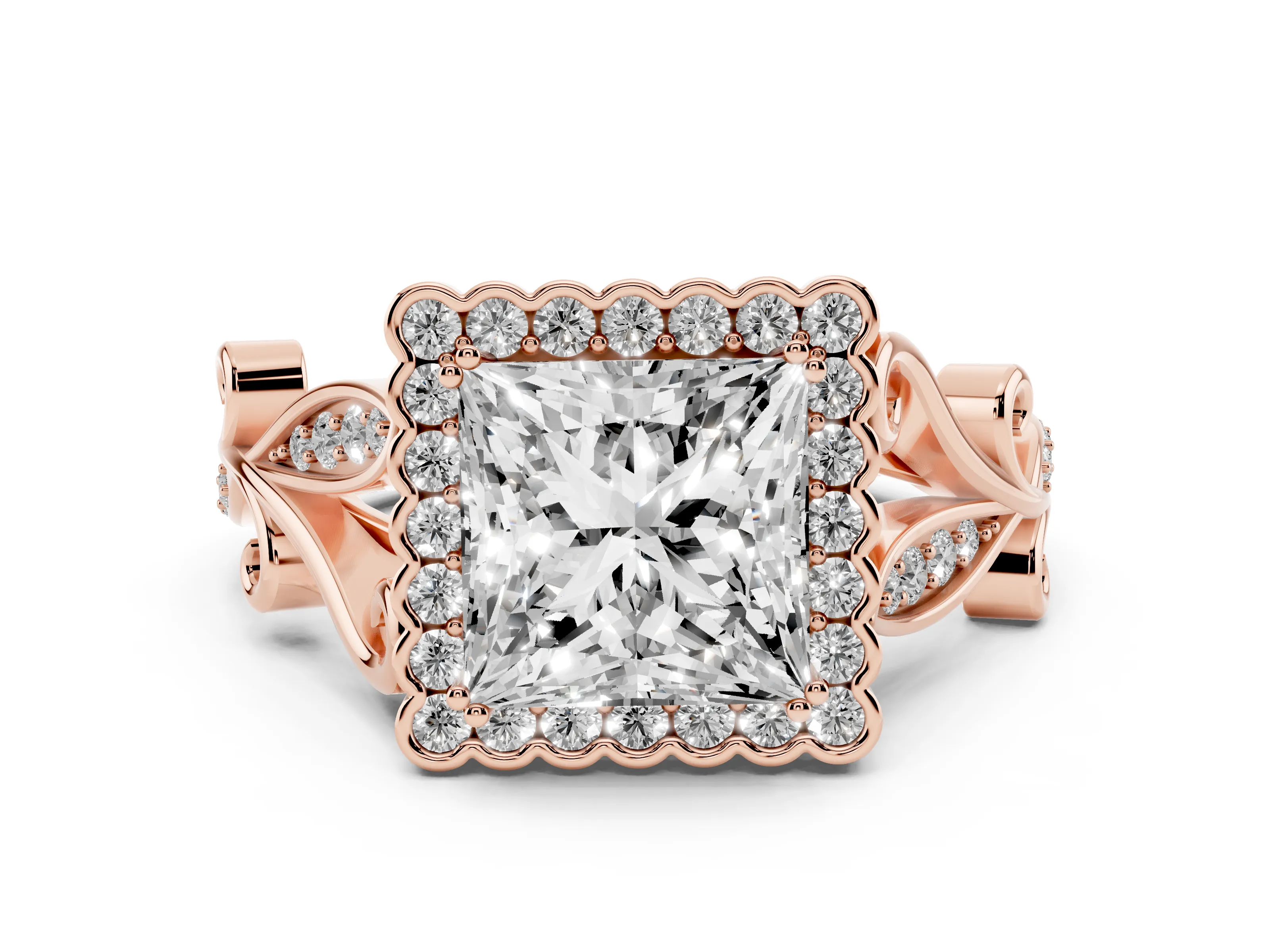 Princess Cut Diamond Halo Ring Set in Rose gold with Leaf Motif Split Shank and Prong Setting