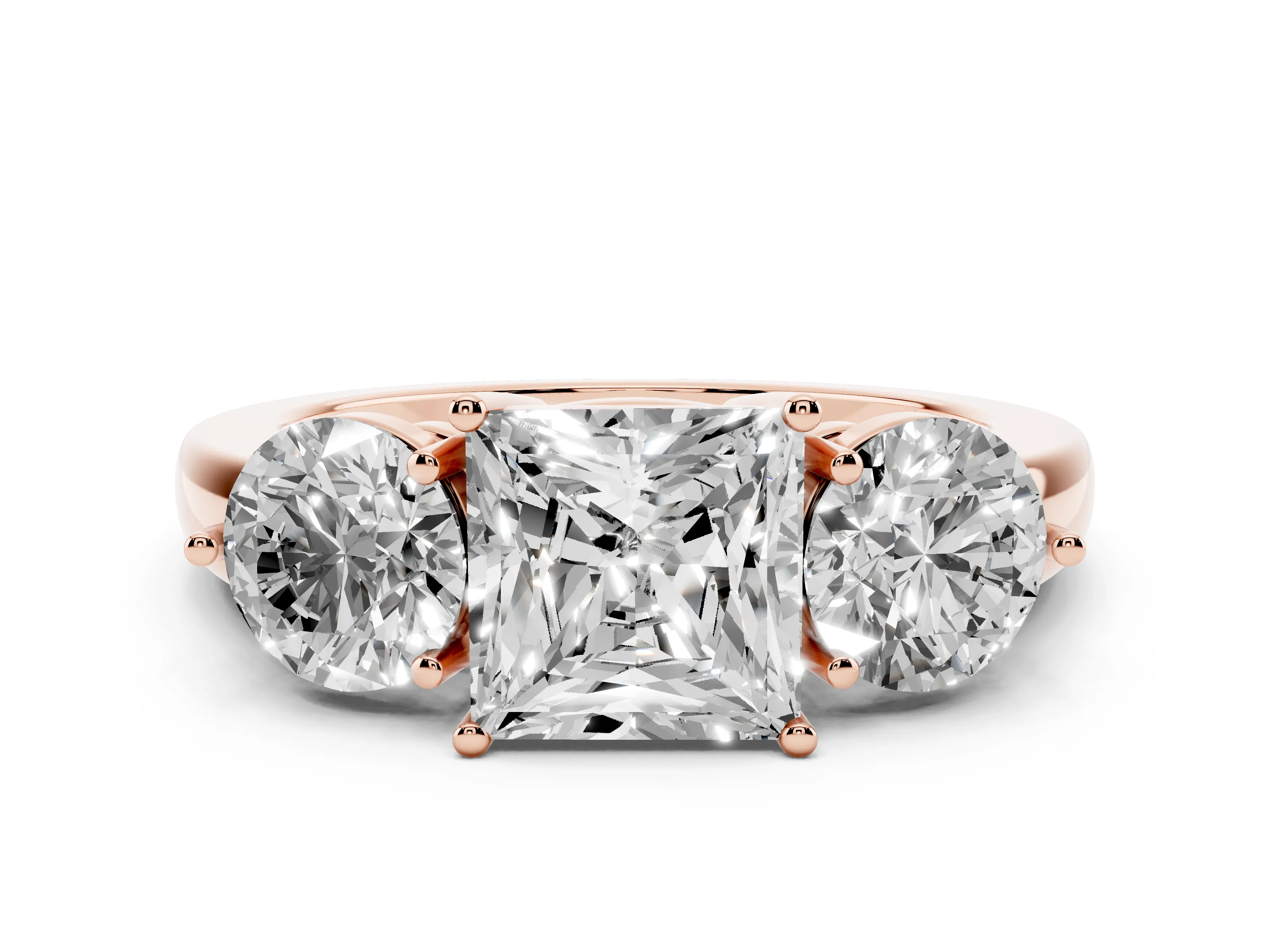 Princess Cut Diamond Three-Stone Ring Set in Rose gold with Prong Setting and Plain Band