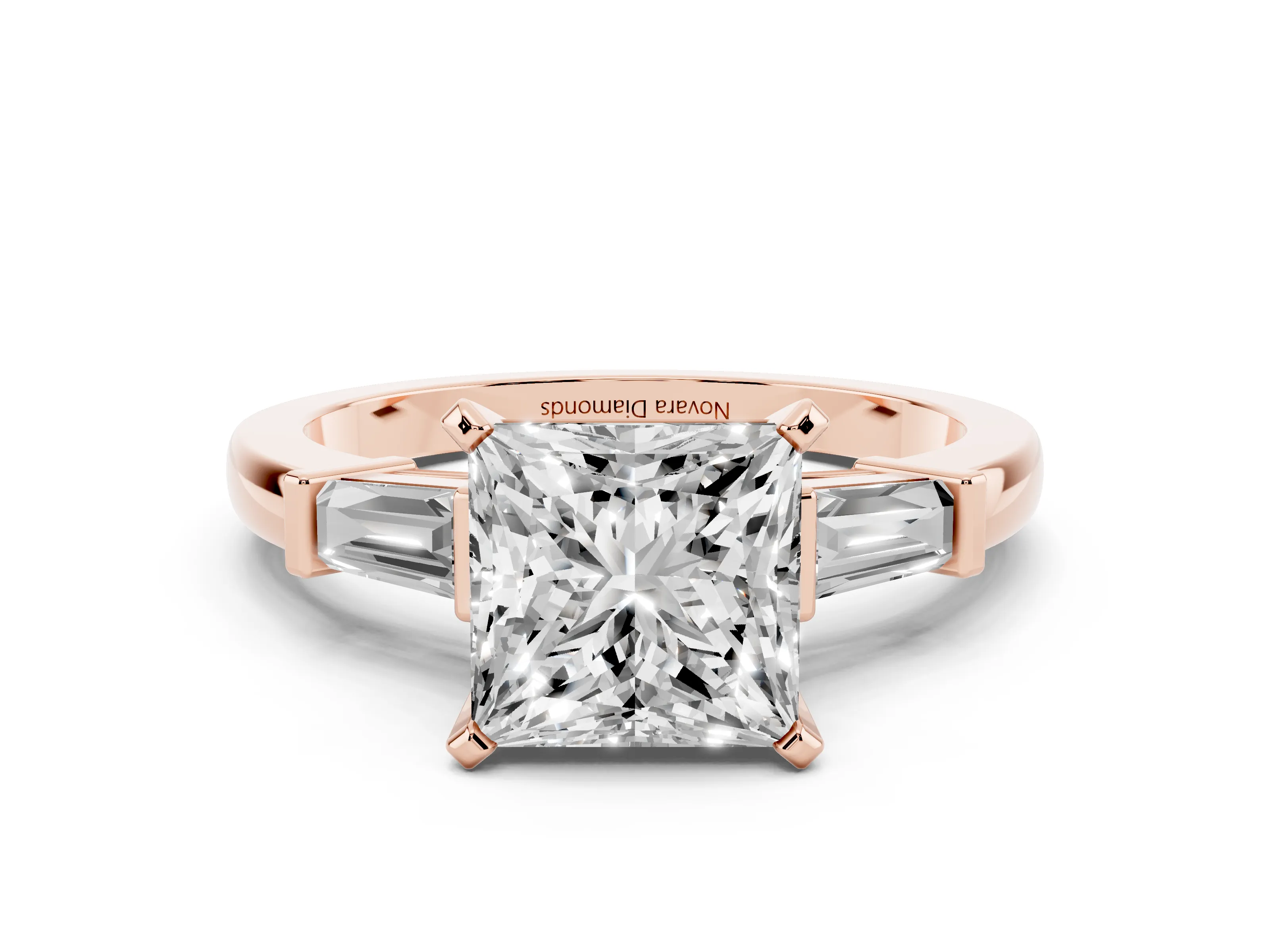 Princess Cut Diamond Solitaire Ring Set in Rose gold with Tapered Baguette Accents and Prong Setting
