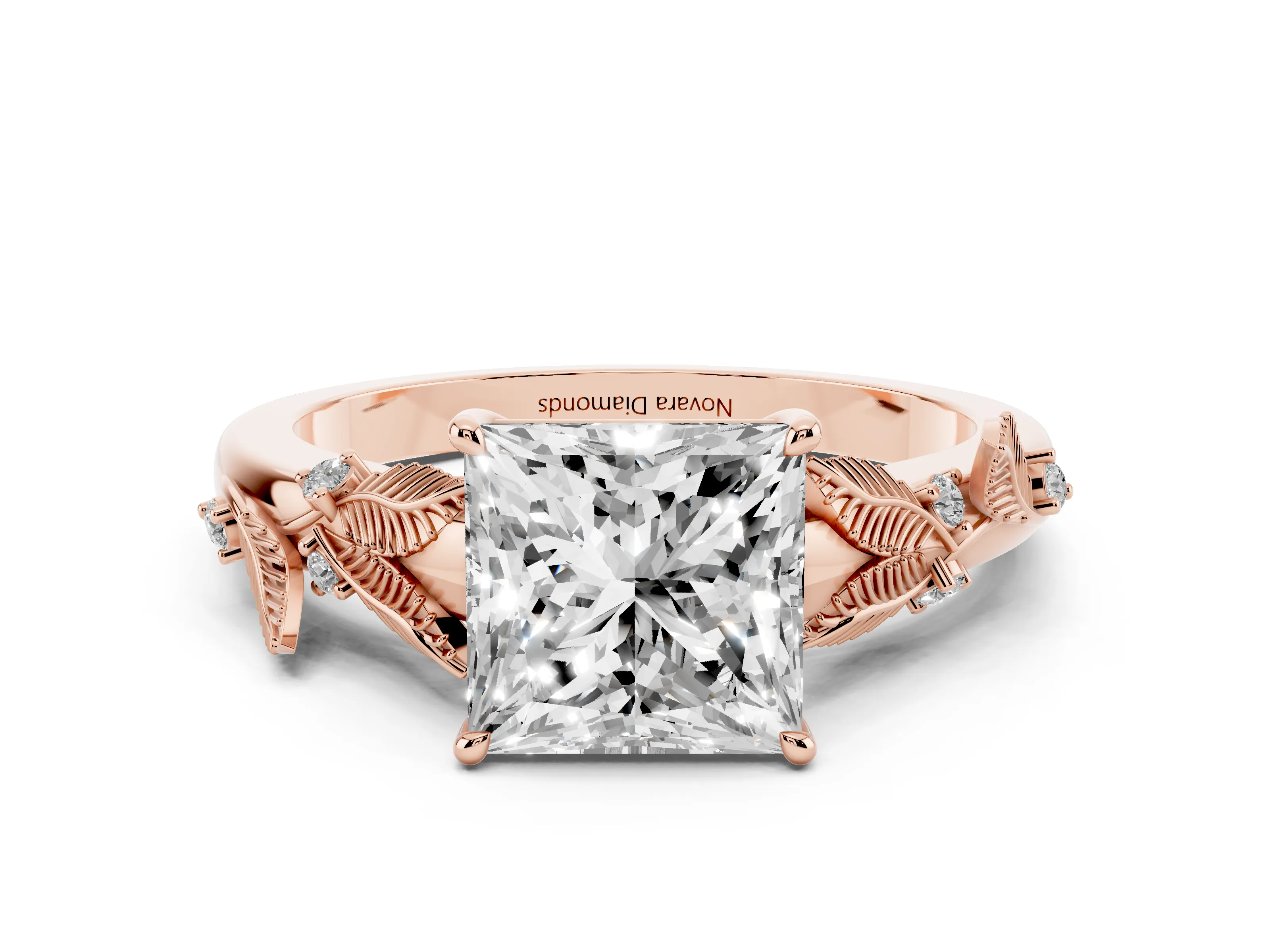 Princess Cut Diamond Solitaire Ring Set in Rose gold with Leaf Motif Band