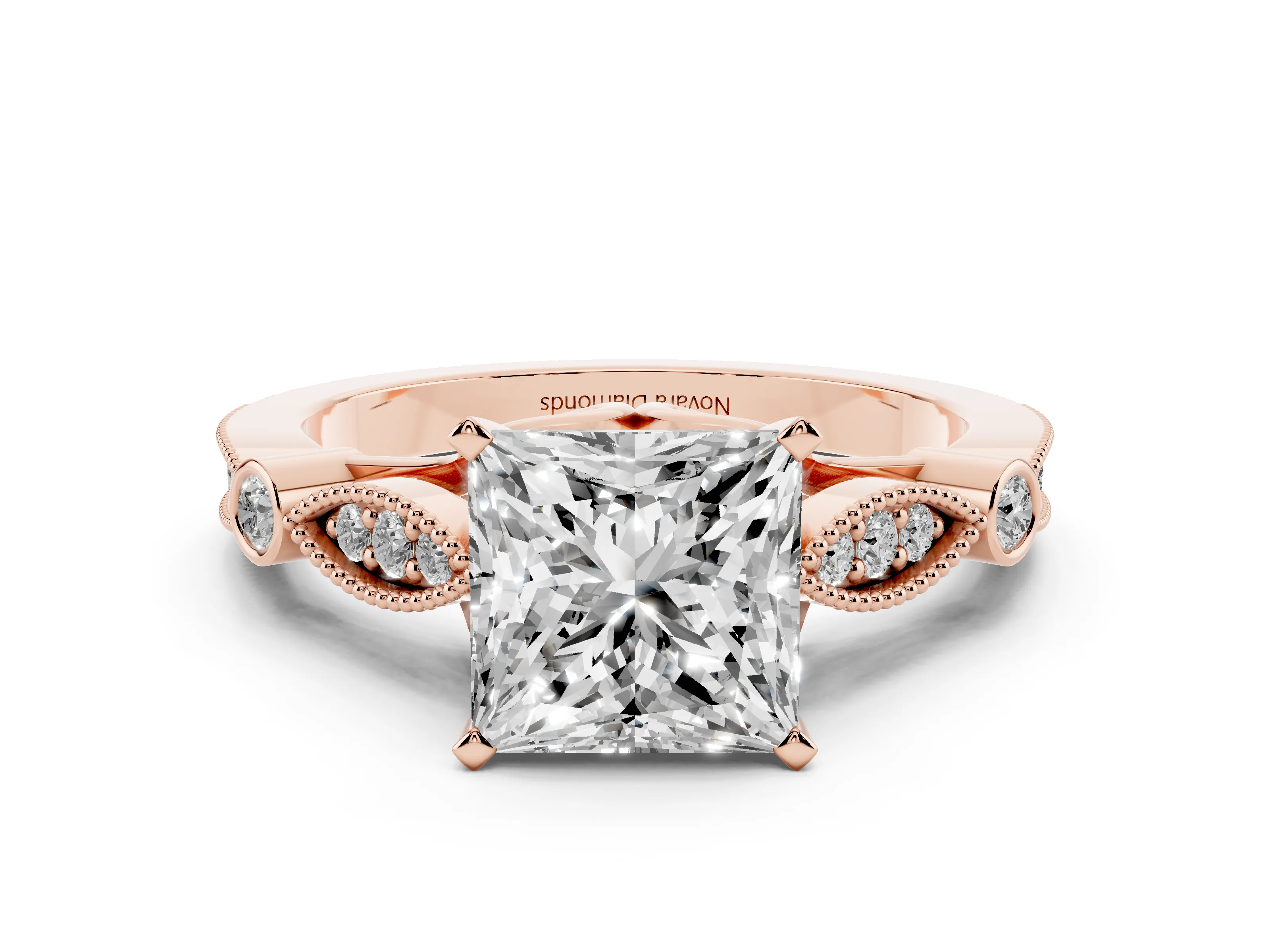 Princess Cut Diamond Solitaire Ring Set in Rose gold with Milgrain Marquise and Bezel Accents