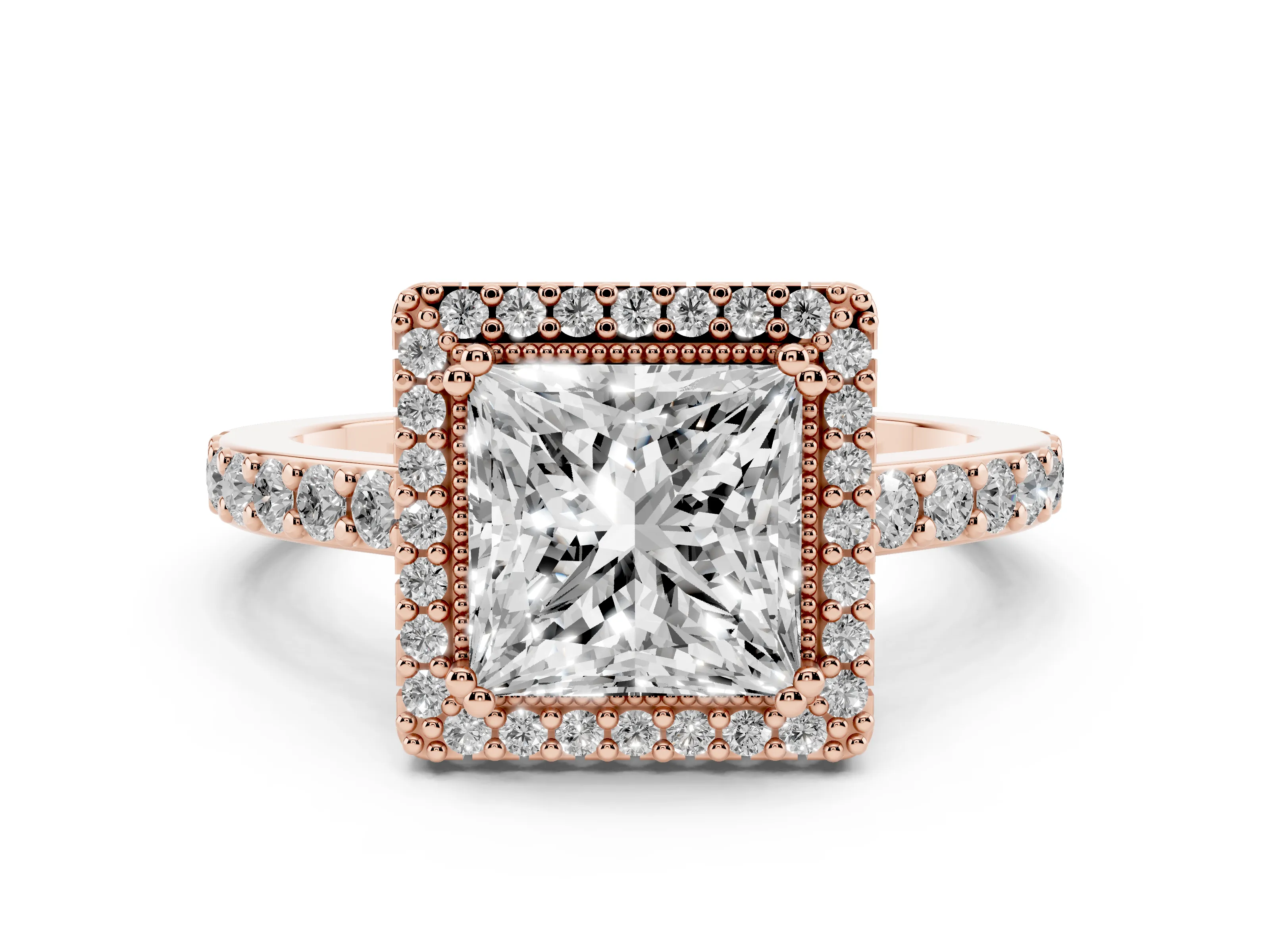 Princess Cut Diamond Halo Engagement Ring Set in Rose gold with Milgrain Detail and Pavé Band