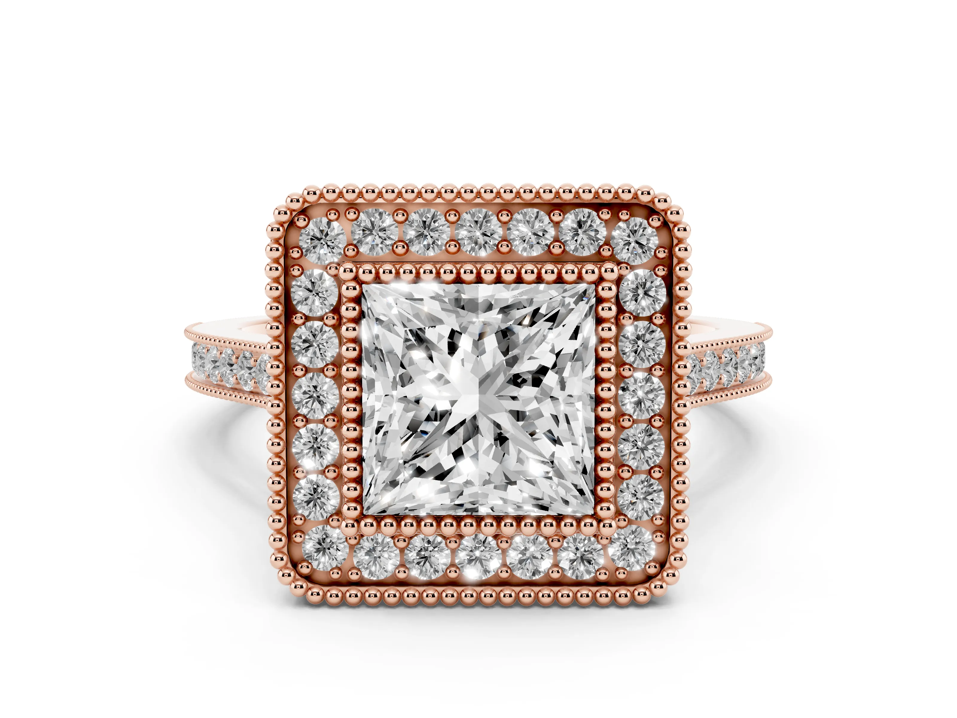 Princess Cut Diamond Halo Ring Set in Rose gold with Milgrain Frame and Pavé Band