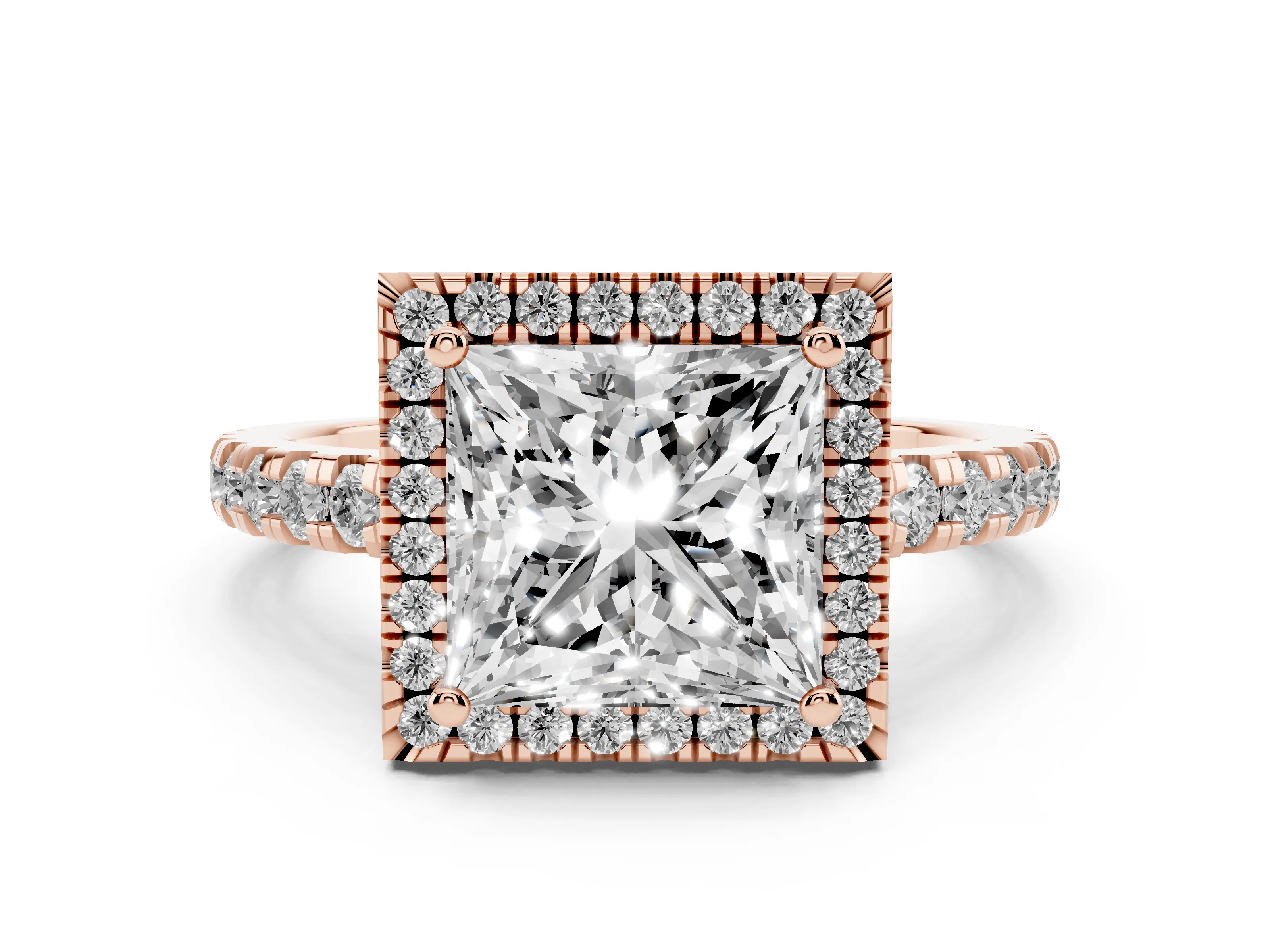Princess Cut Diamond Halo Ring Set in Rose gold with Delicate Pavé Band and Prong Setting