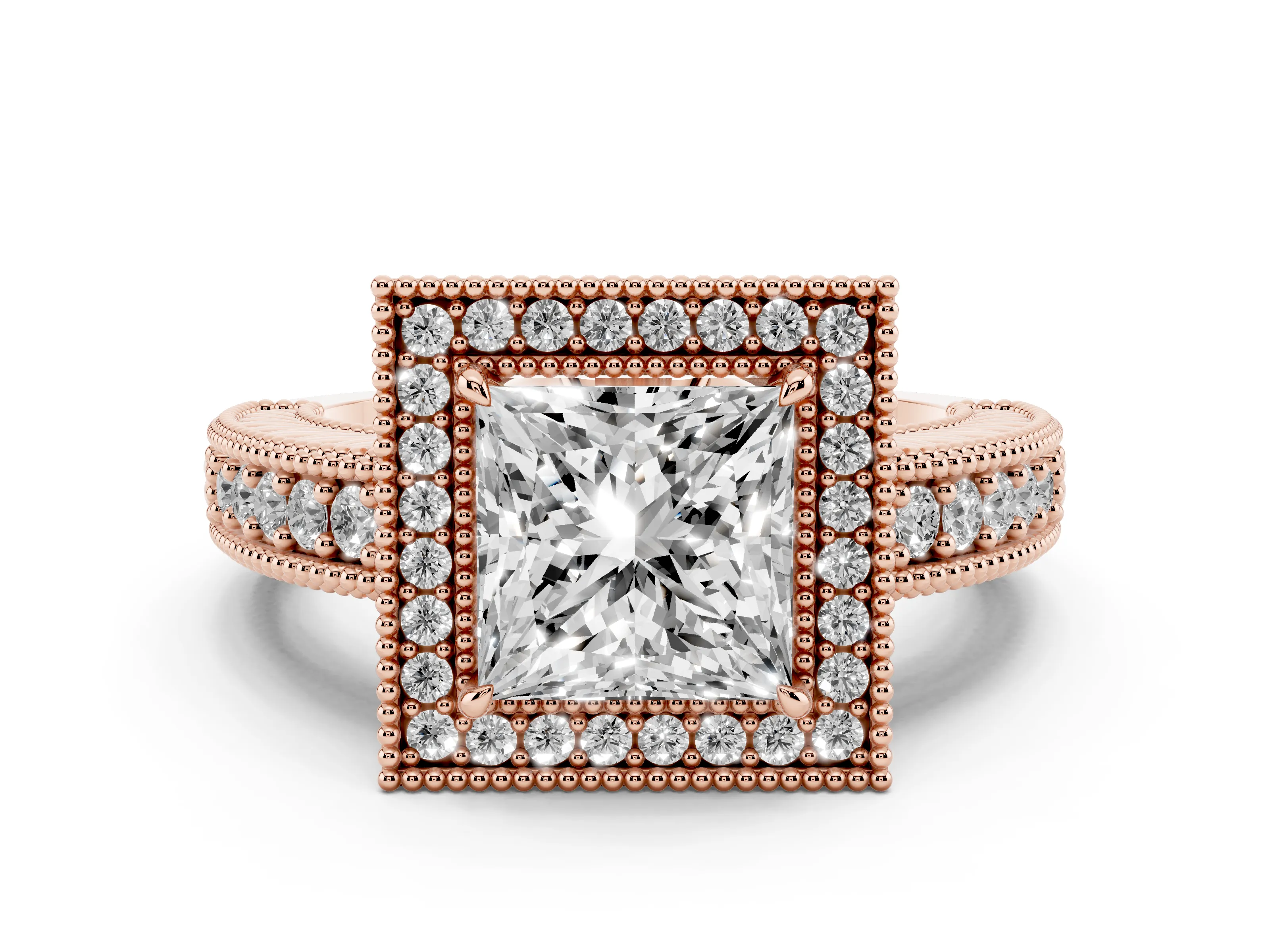 Princess Cut Diamond Halo Ring Set in Rose gold with Round Accent Halo, Pavé Band and Prong Setting