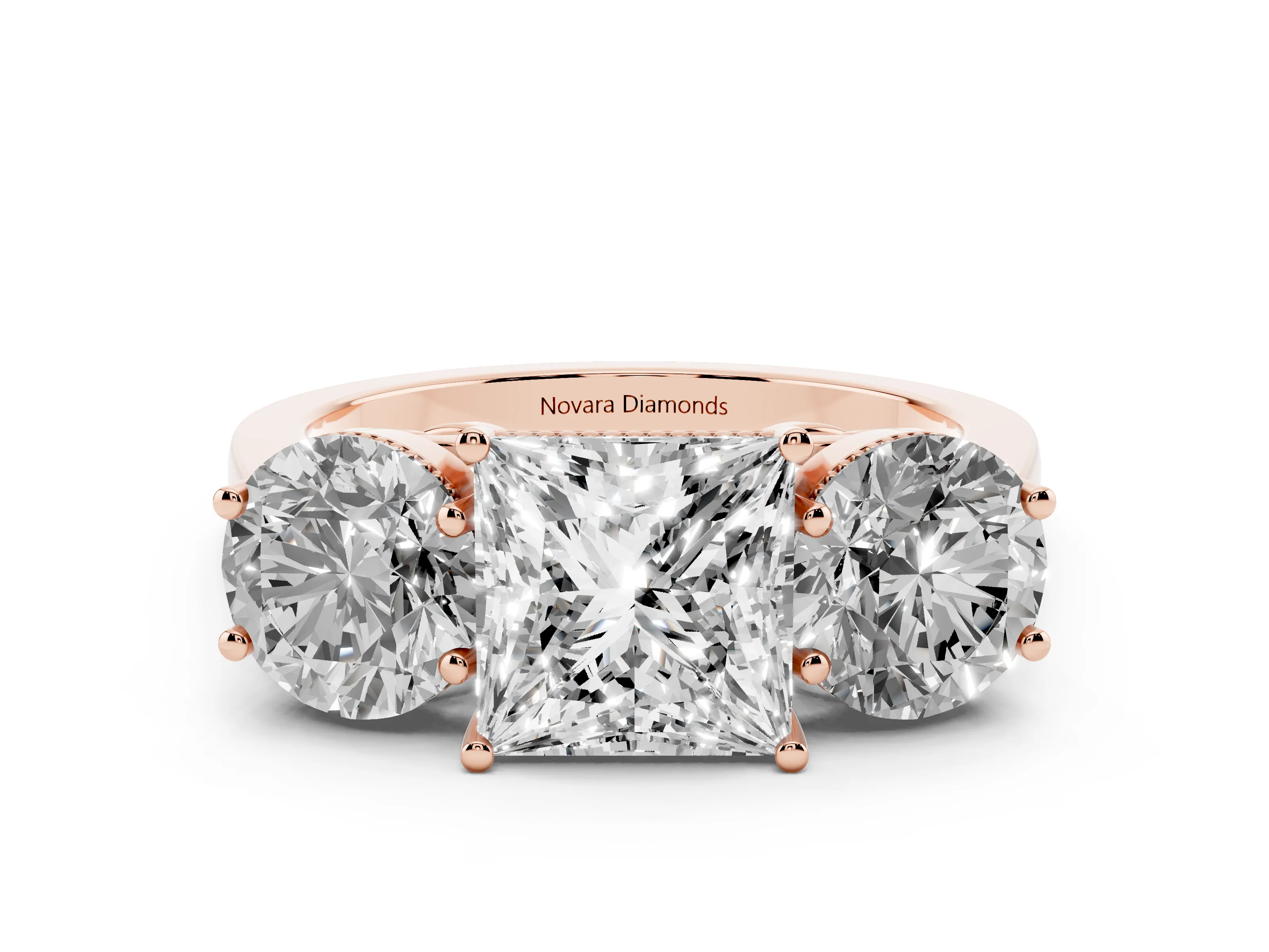 Princess Cut Diamond Three-Stone Engagement Ring Set in Rose gold with Polished Band