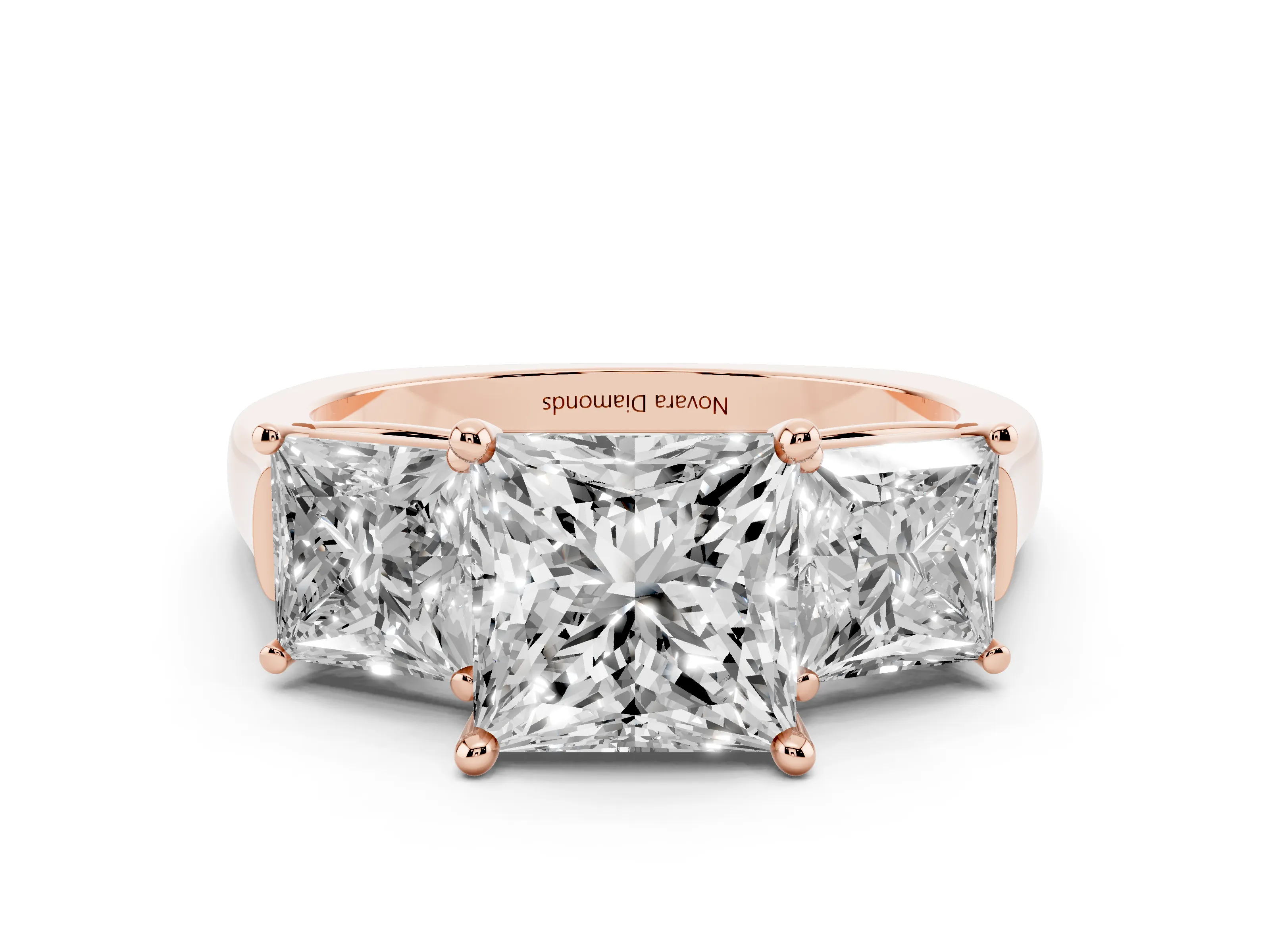 Princess Cut Diamond Three-Stone Trellis Ring Set in Rose gold with Comfort Fit Band