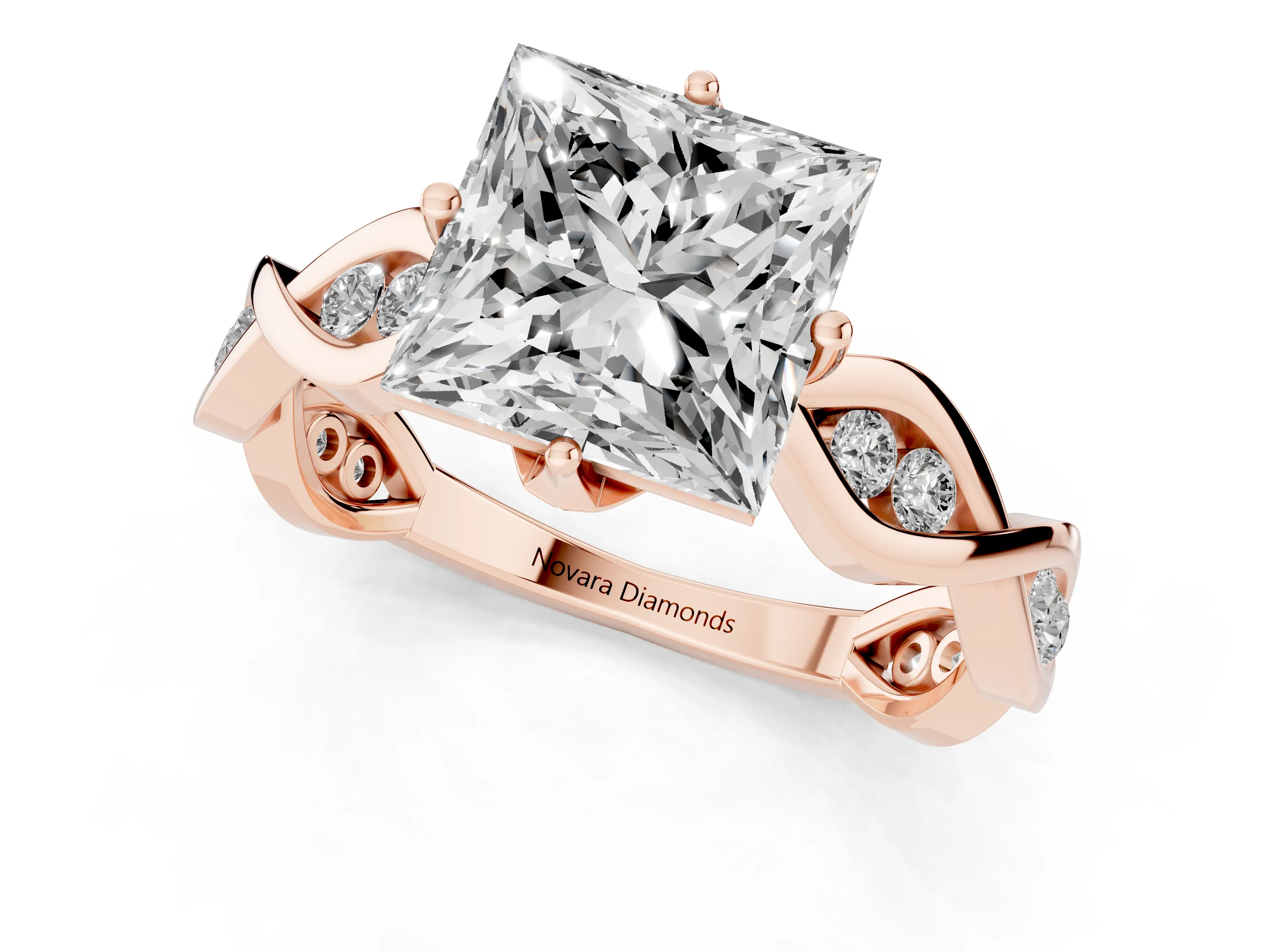 Princess Cut Diamond Twist Band Solitaire Ring Set in Rose gold with Leaf Prong Setting and Accent Stones