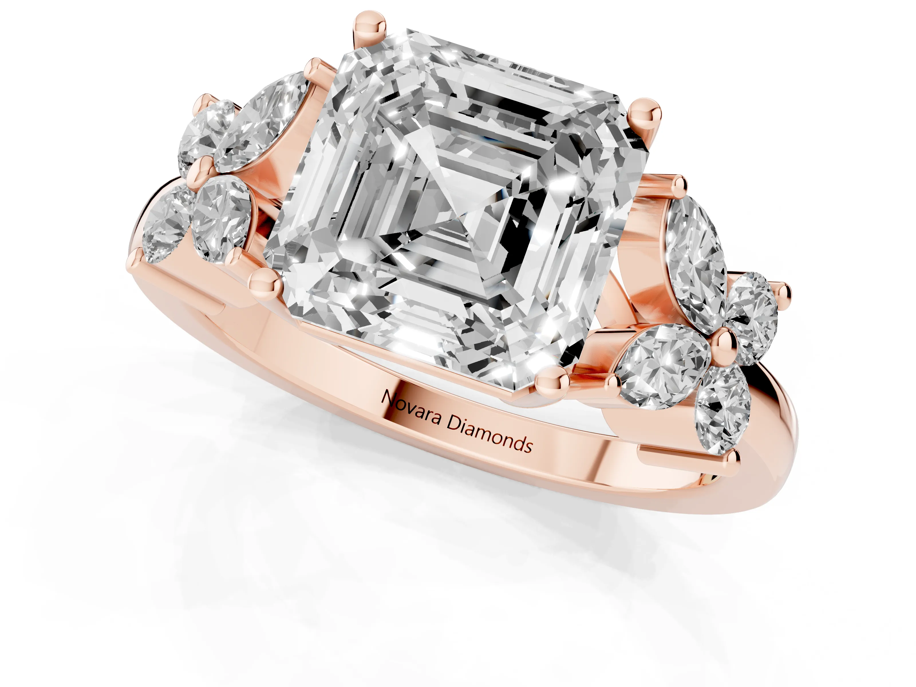 Princess Cut Diamond Floral Cluster Ring Set in Rose gold with Marquise Petals and Prong Setting