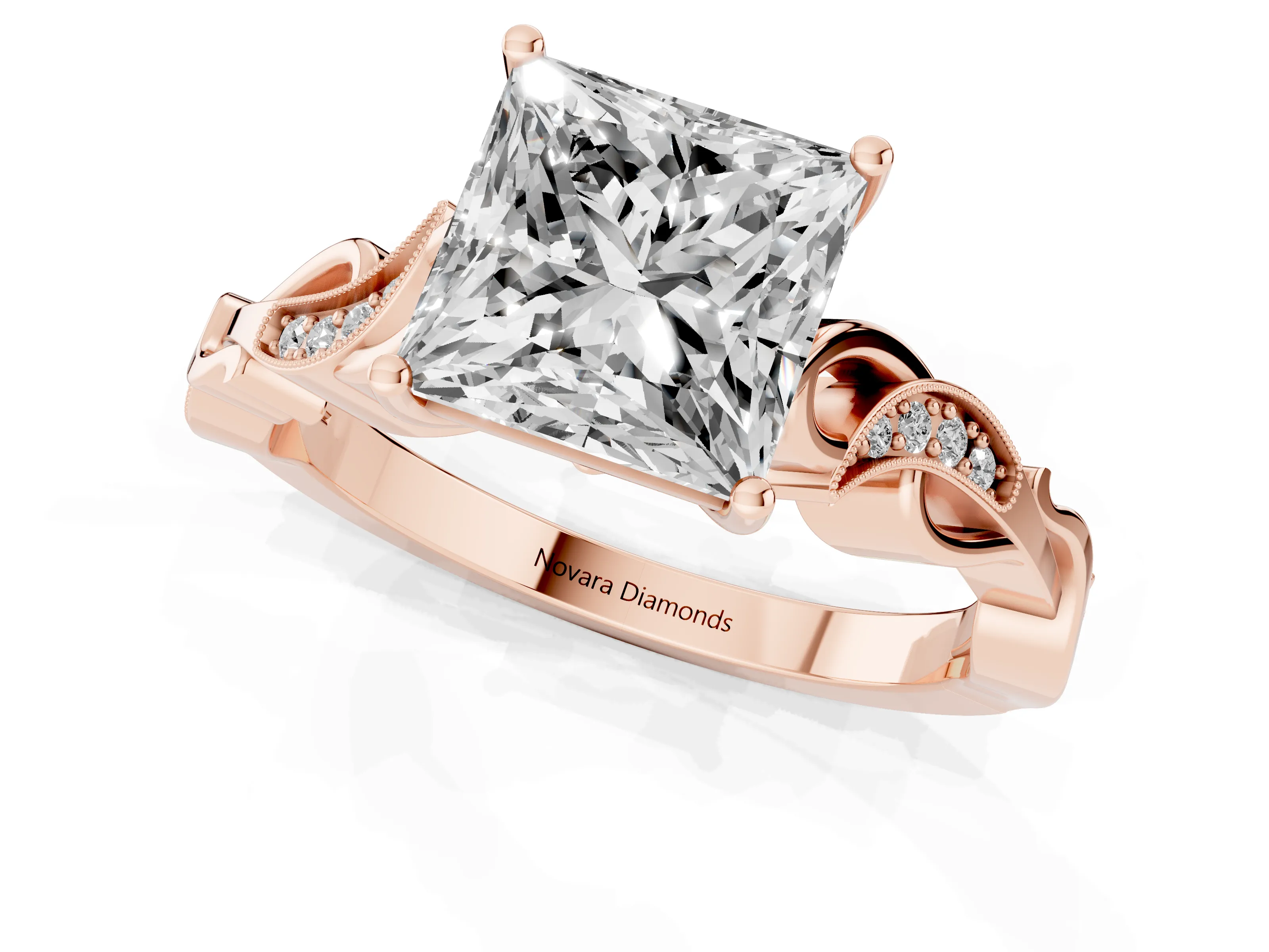 Princess Cut Diamond Vine Band Solitaire Ring Set in Rose gold with Milgrain Prong Setting