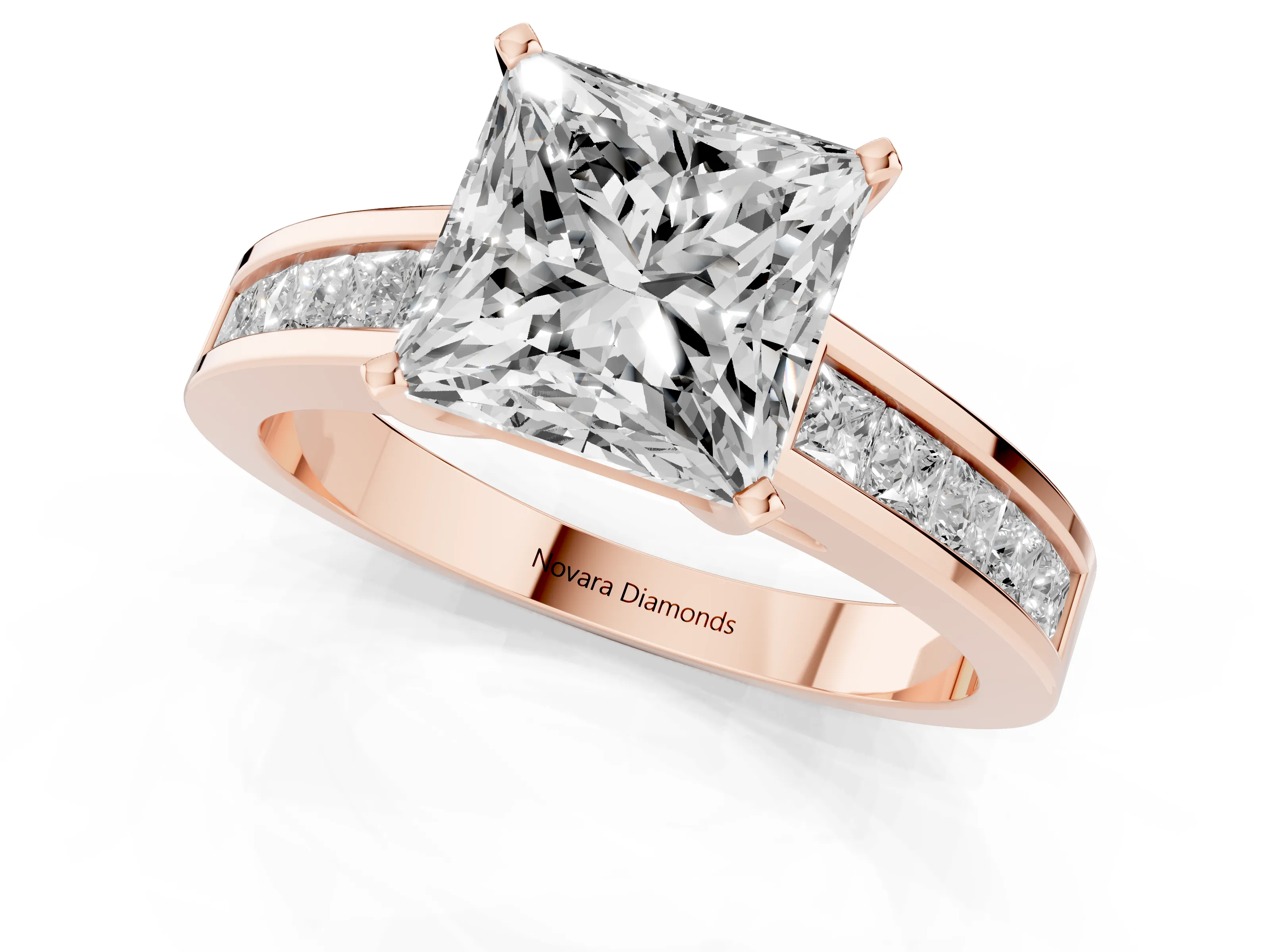 Princess Cut Diamond Solitaire Ring Set in Rose gold with Channel-Set Band and Prong Setting
