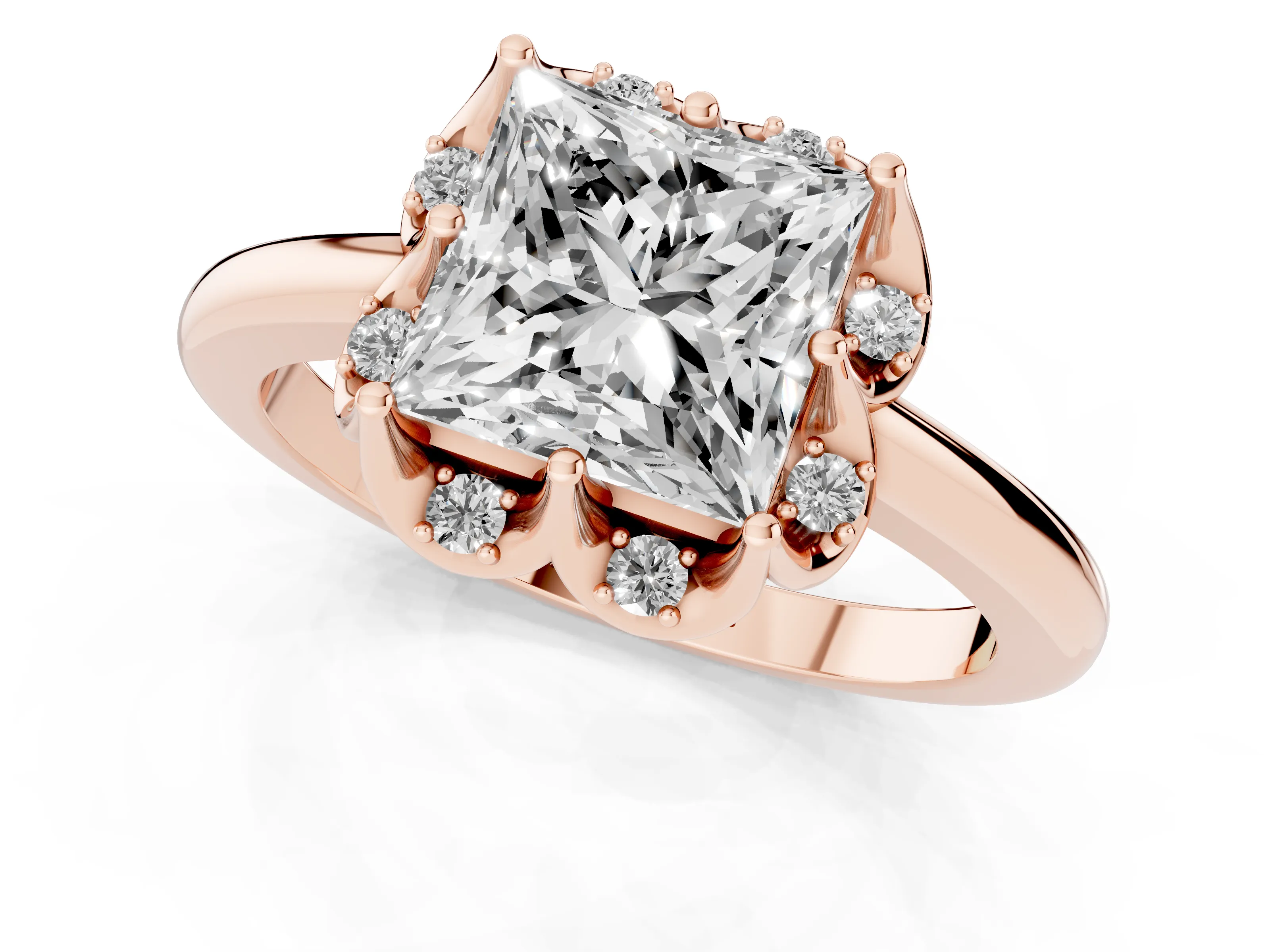 Princess Cut Diamond Round Cluster Halo Ring Set in Rose gold with Solitaire Band and Prong Setting