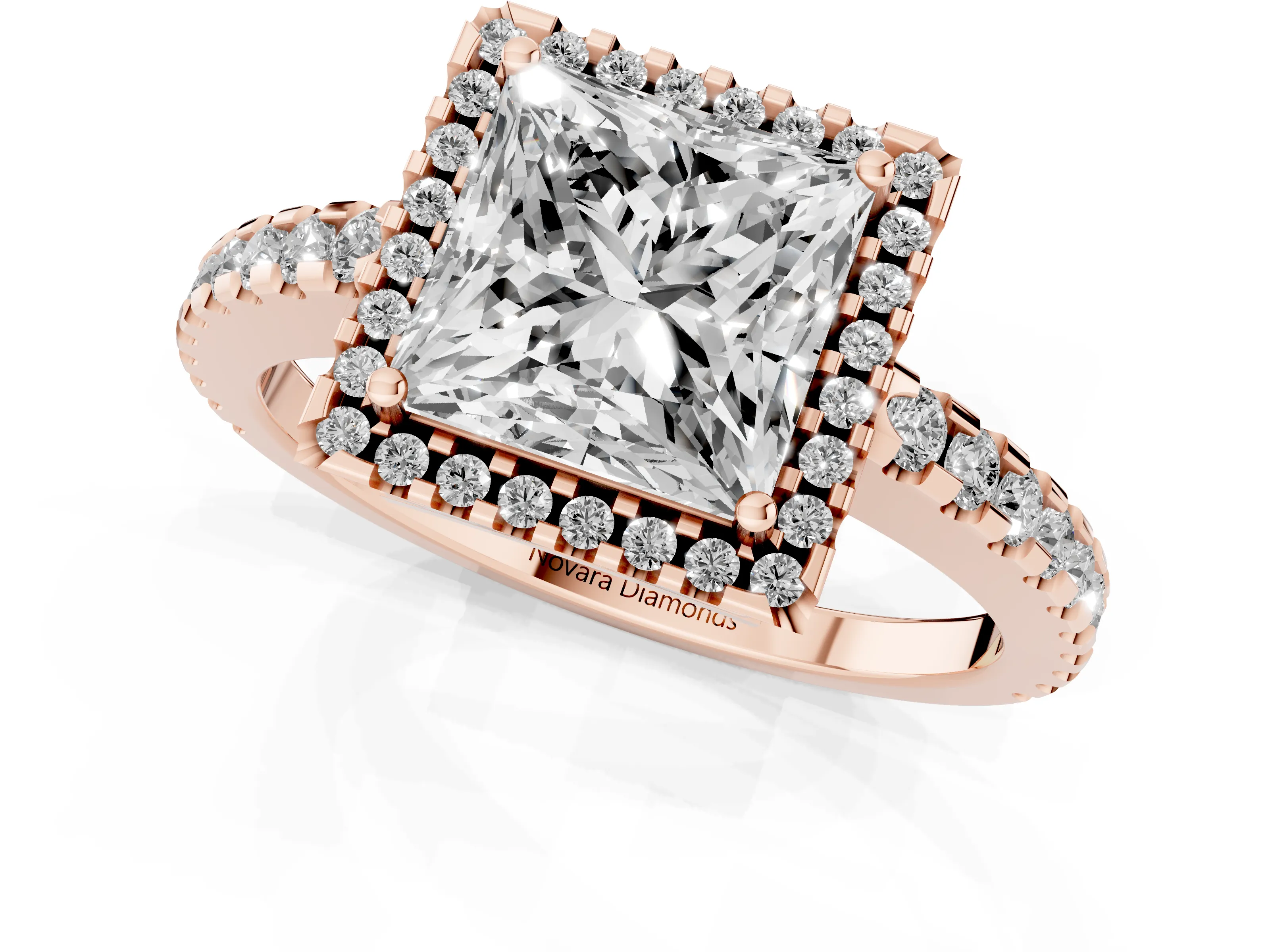 Princess Cut Diamond Halo Ring Set in Rose gold with Pavé Shoulders and Halo-Framed Center