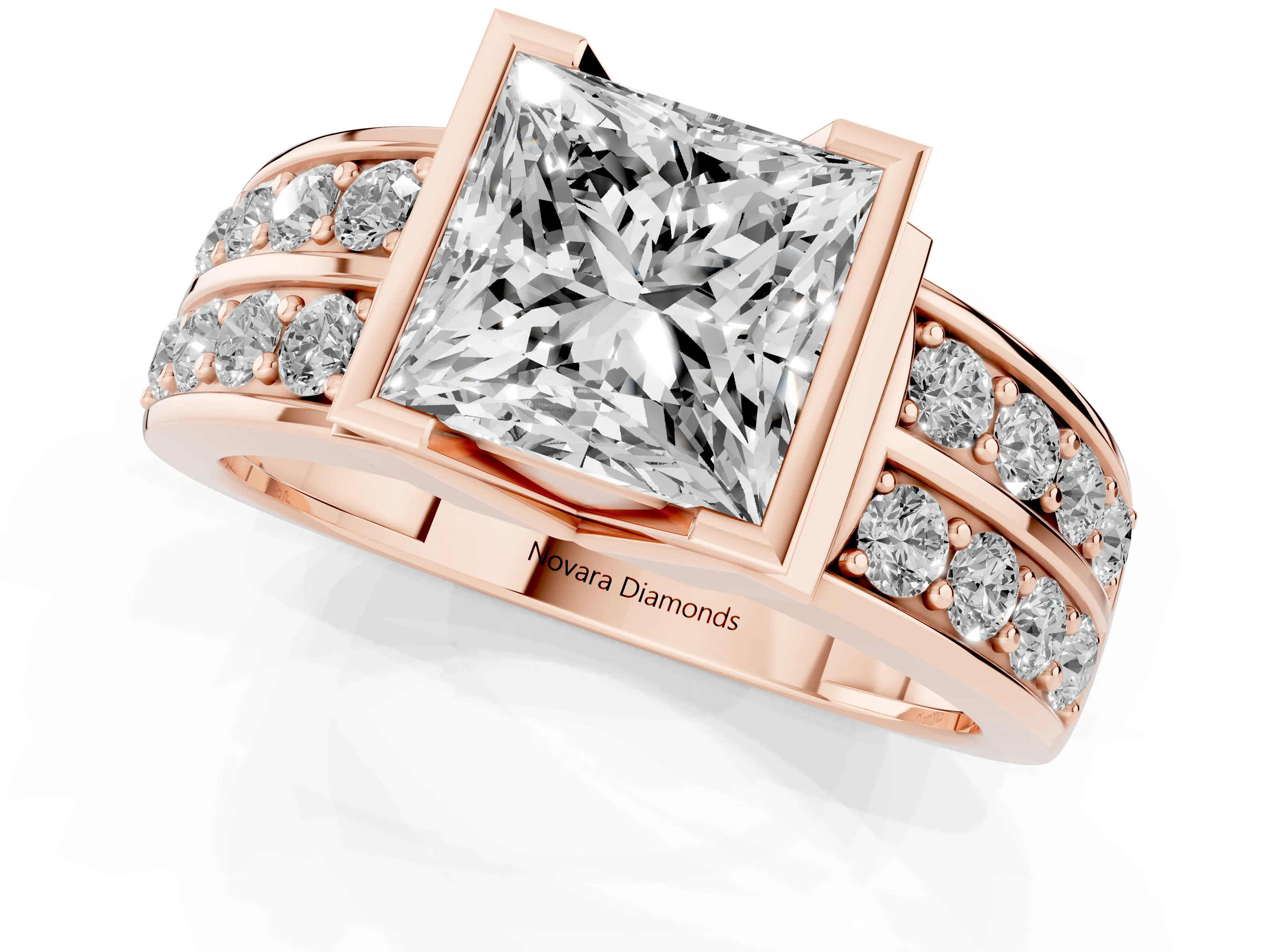 Princess Cut Diamond Wide Channel Set Band Ring Set in Rose gold with Bezel Setting