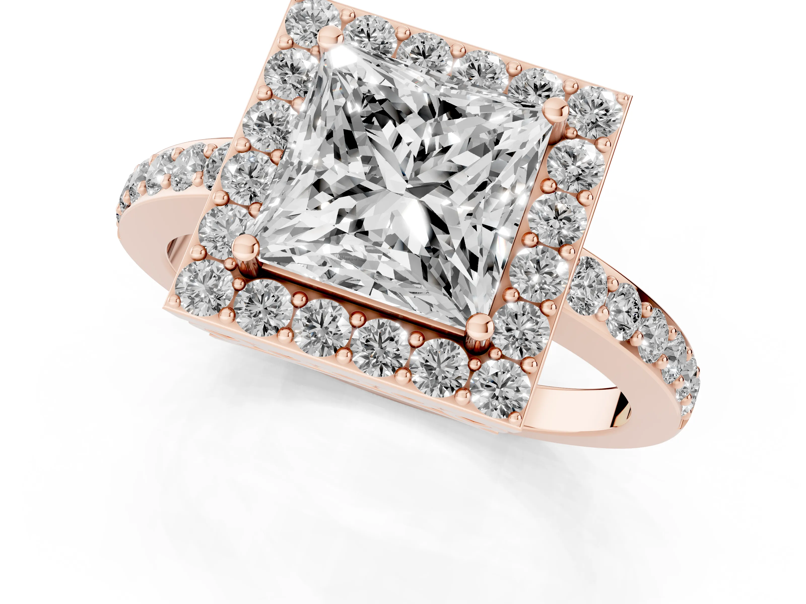 Princess Cut Diamond Halo Ring Set in Rose gold with Pavé-Setting Band and Open Prong Center