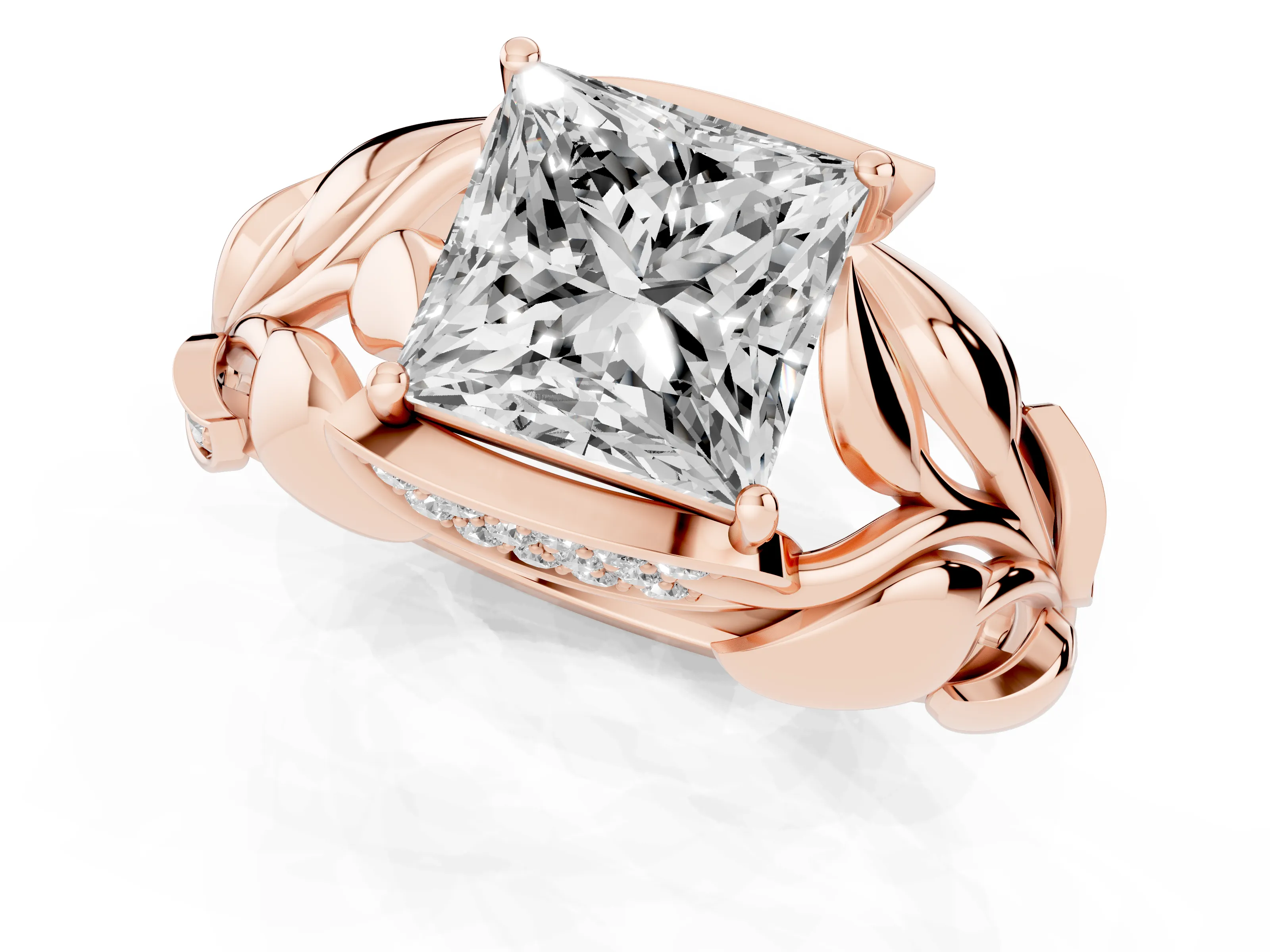 Princess Cut Diamond Leaf-Inspired Engagement Ring Set in Rose gold with Round Accents